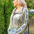 French Terry Zippered Jacket w/ Star Patches & Sleeve Trim
