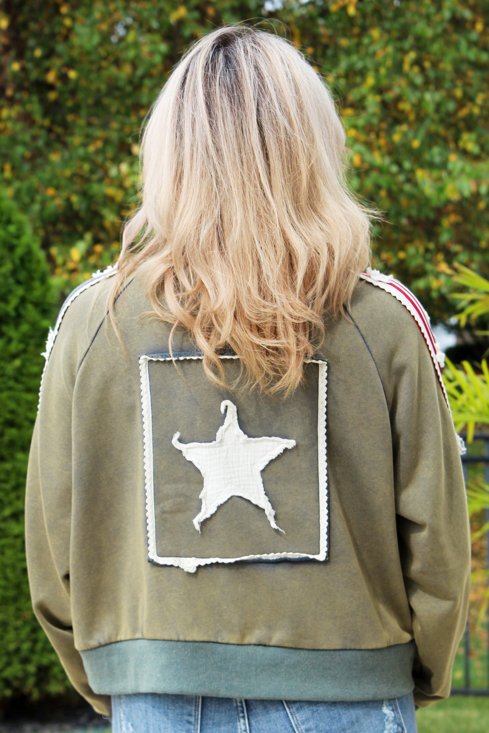 French Terry Zippered Jacket w/ Star Patches & Sleeve Trim
