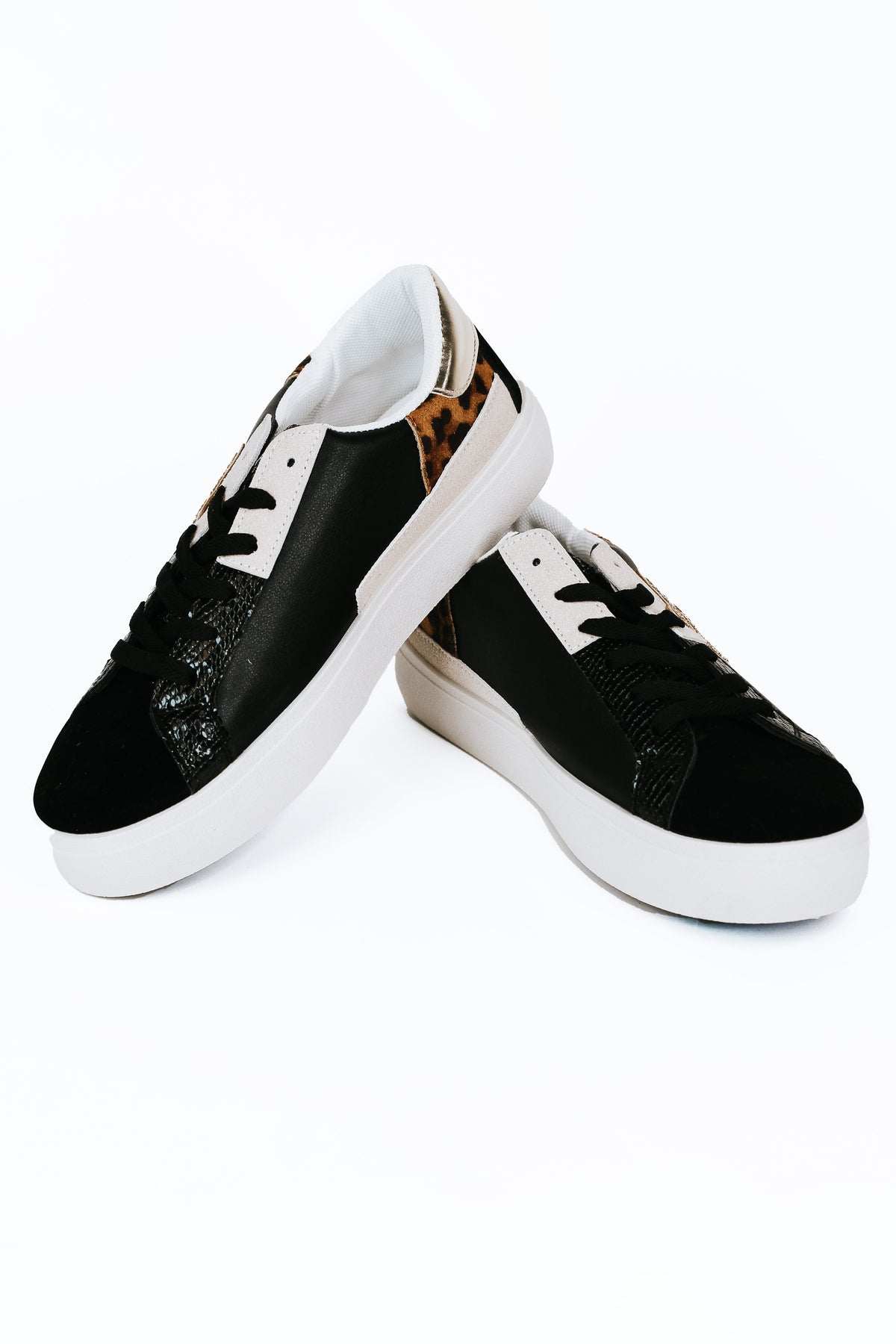 Mixed Texture Sneakers w/ Glitter Star & Leopard Accents