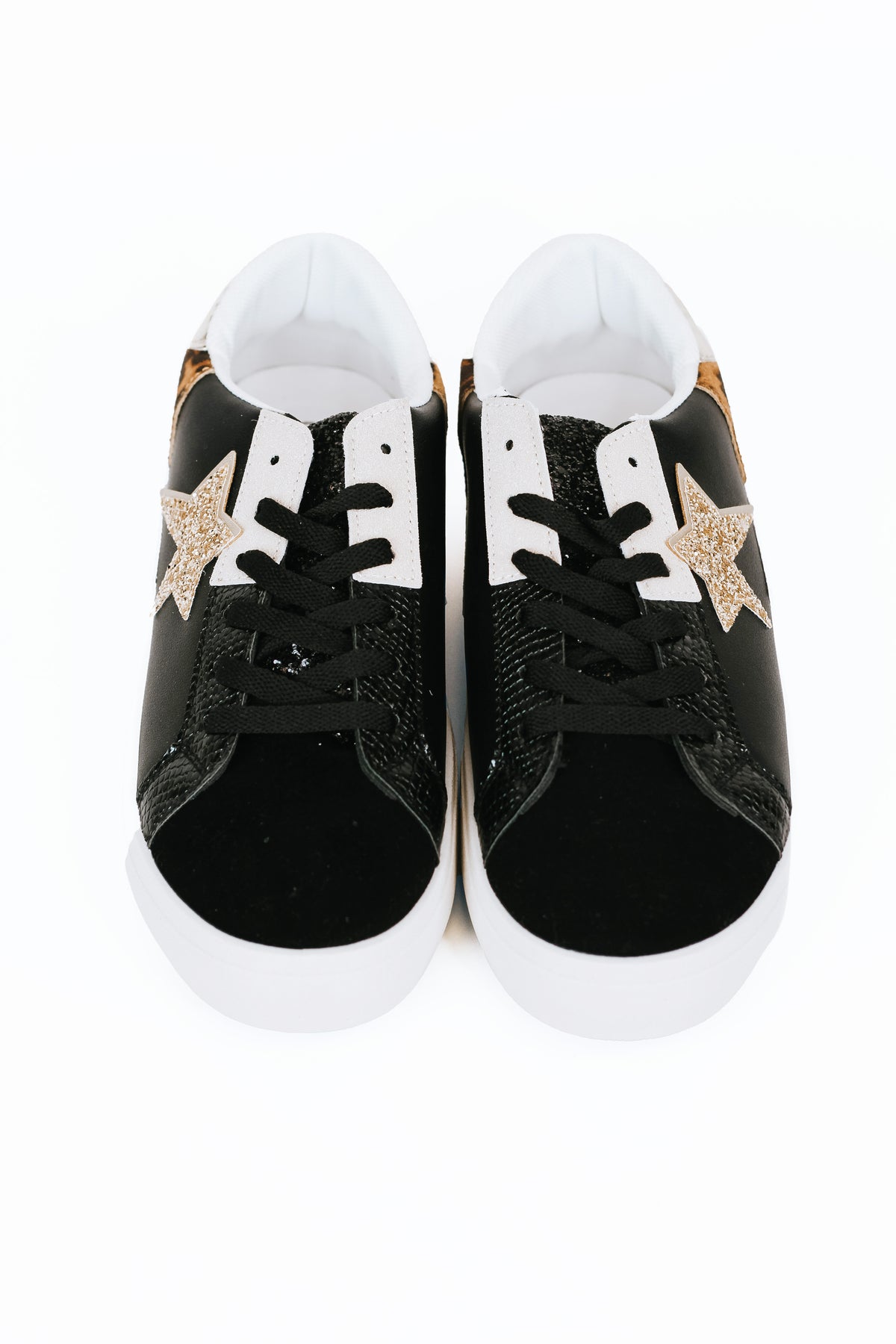 Mixed Texture Sneakers w/ Glitter Star &amp; Leopard Accents