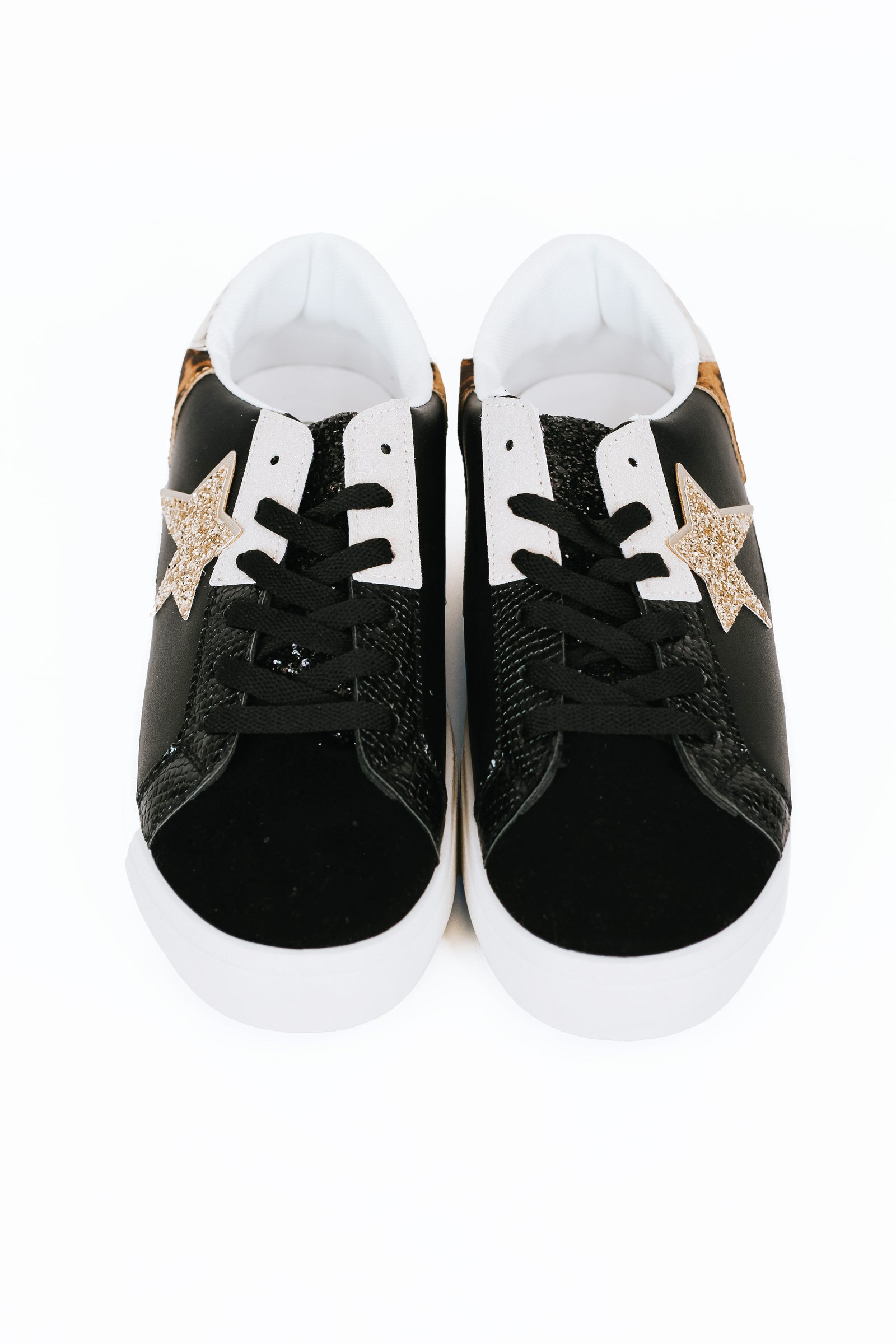 Mixed Texture Sneakers w/ Glitter Star & Leopard Accents