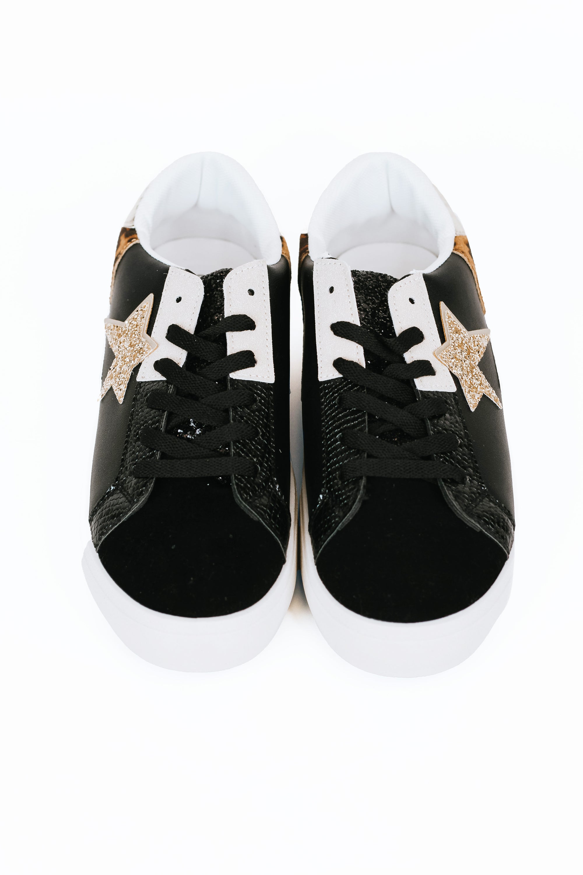 Mixed Texture Sneakers w/ Glitter Star & Leopard Accents
