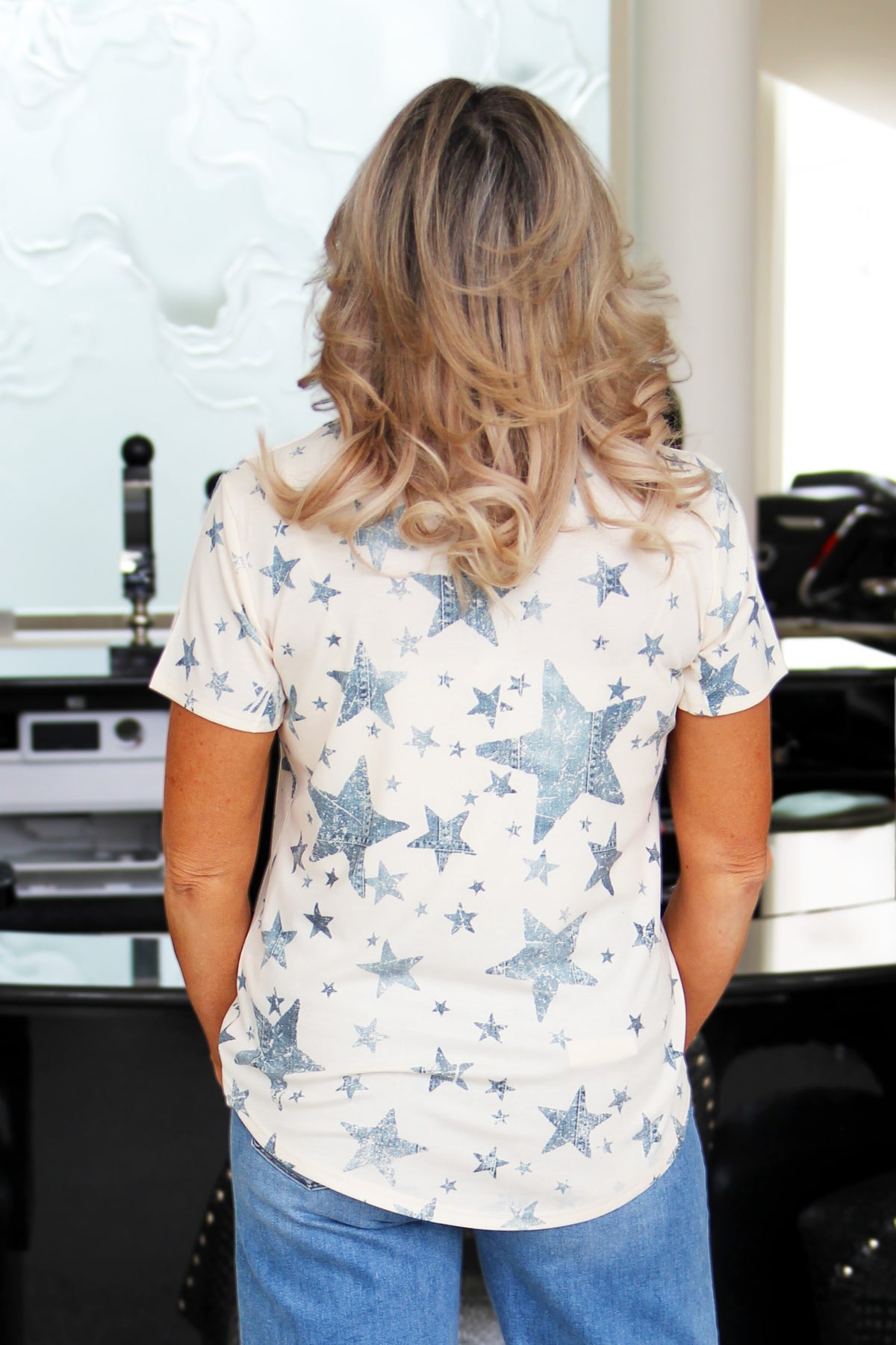 Short Sleeve Sequin Star Center w/ Star Accent Throughout