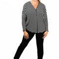 Striped Textured Knit Dolman Sleeve Half Zipper Top