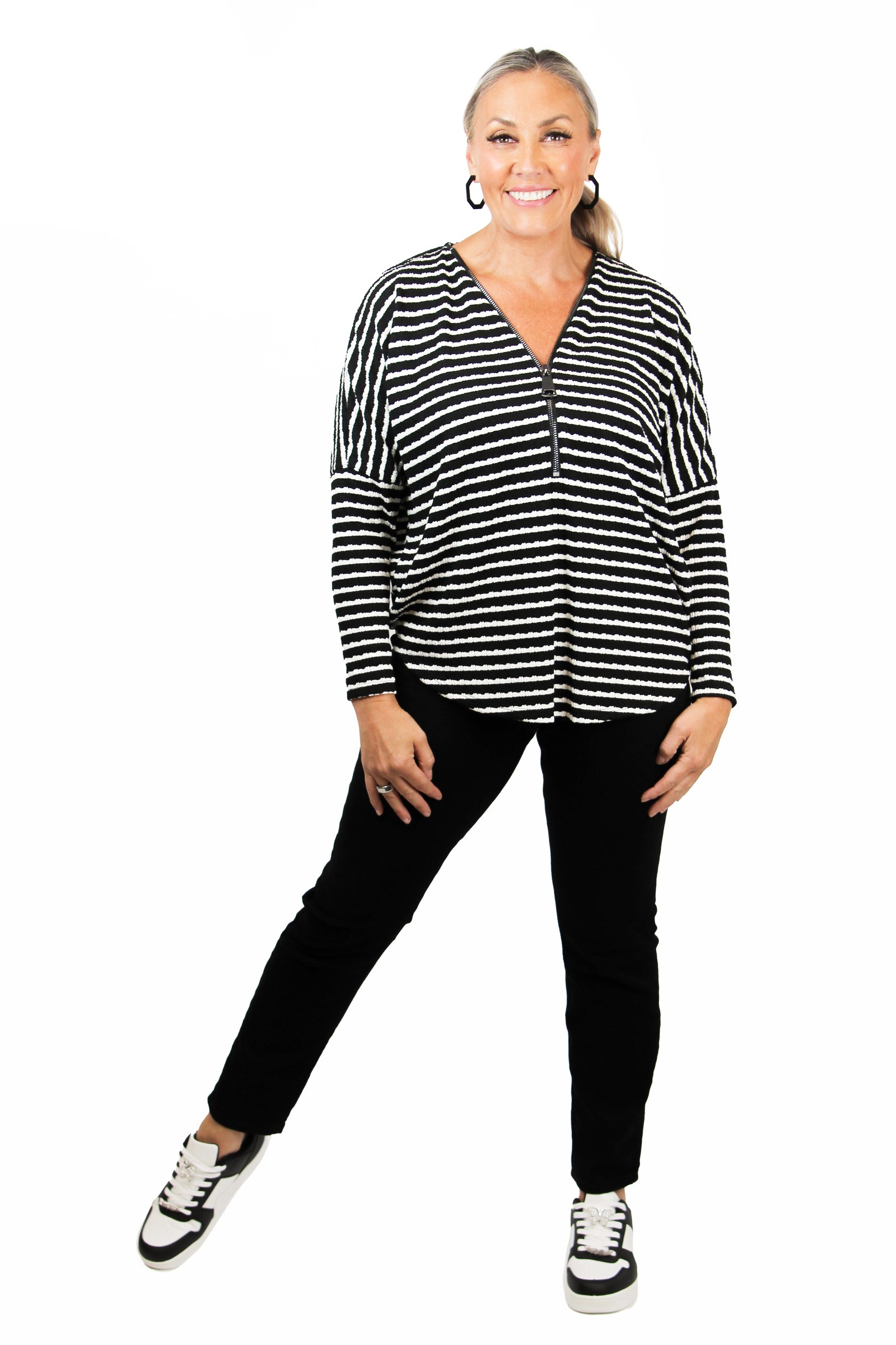 Striped Textured Knit Dolman Sleeve Half Zipper Top