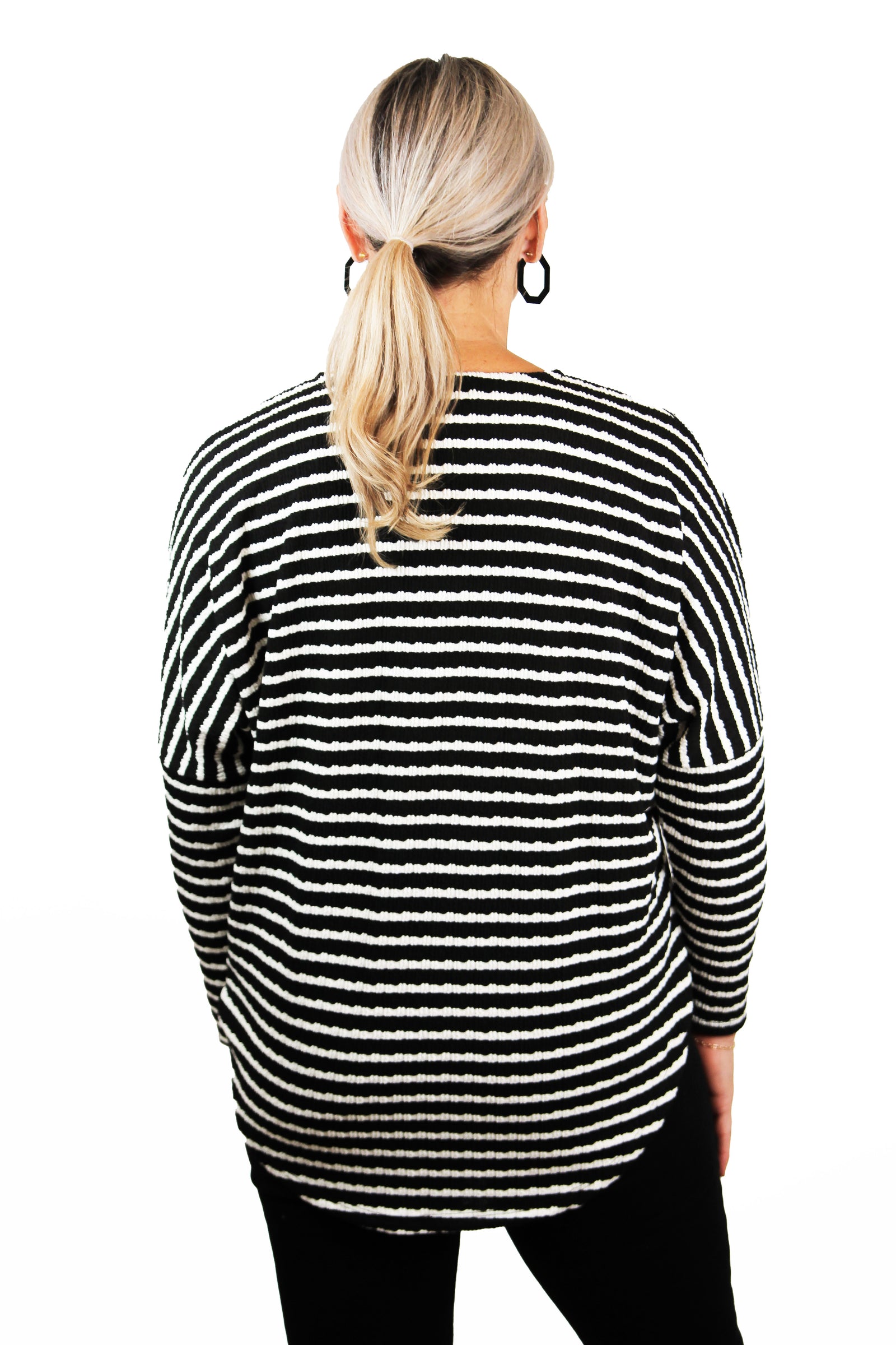 Striped Textured Knit Dolman Sleeve Half Zipper Top