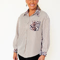 Long Sleeved collared Leopard & Striped Patchwork Button-Down