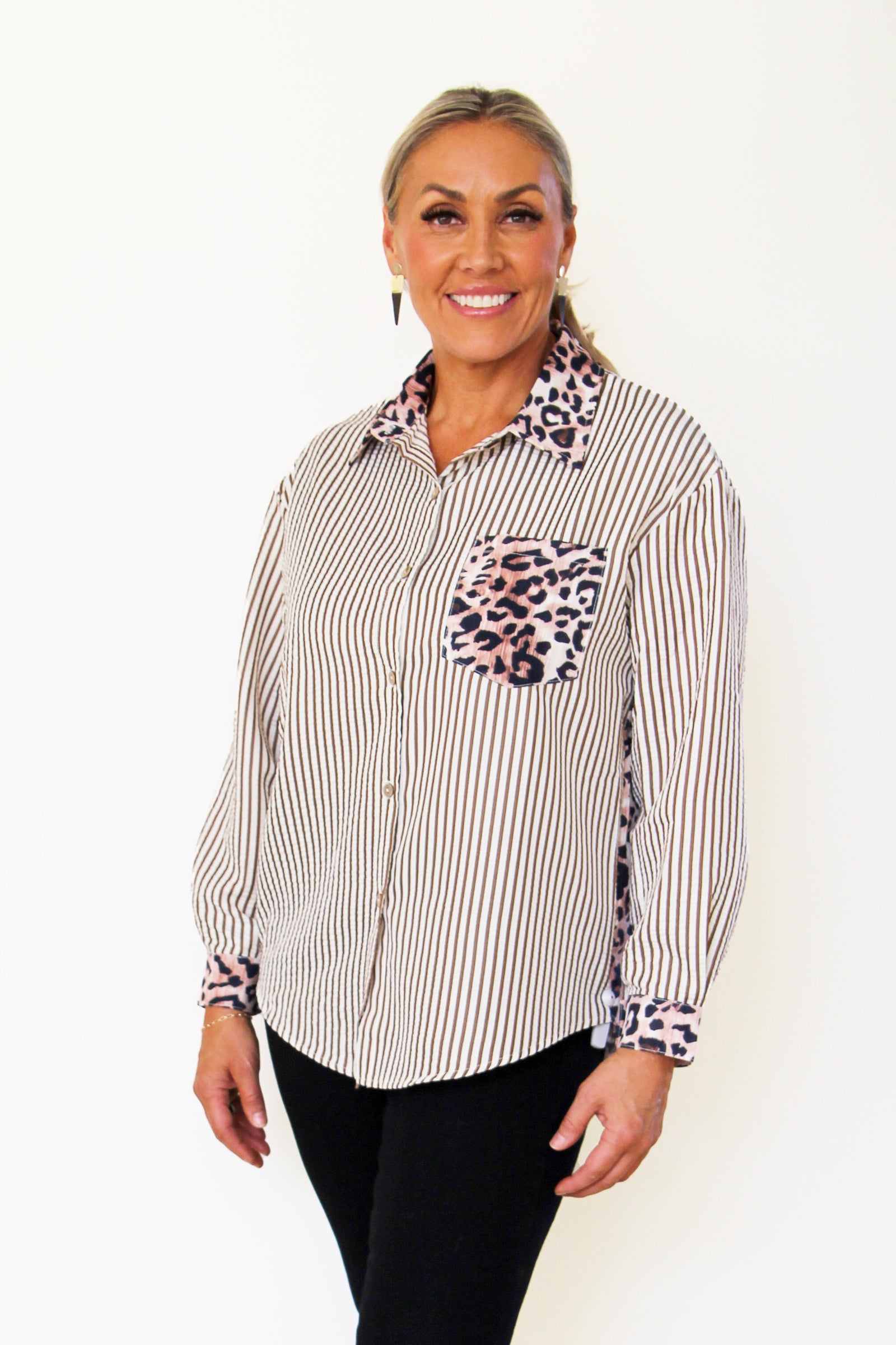 Long Sleeved collared Leopard & Striped Patchwork Button-Down