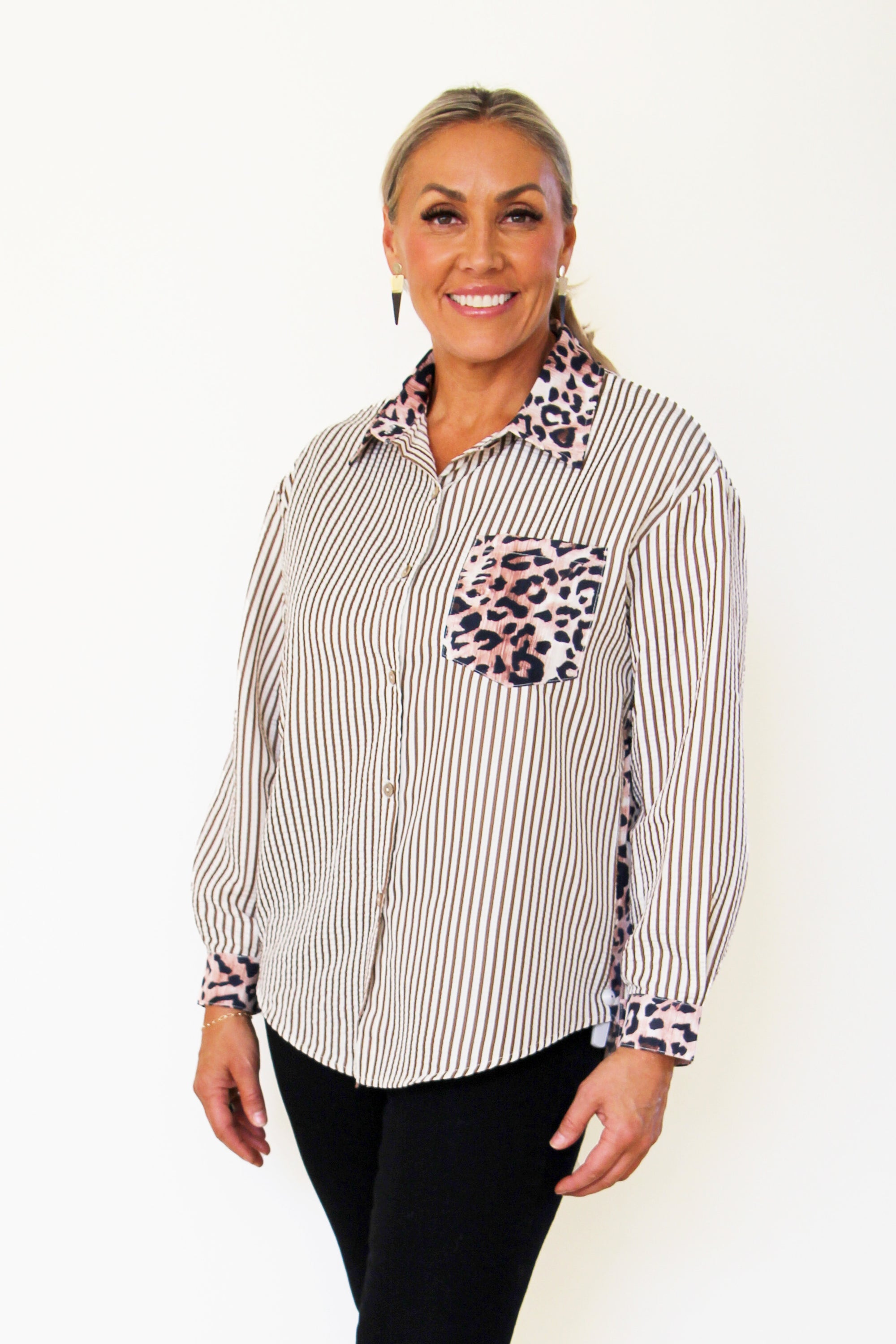 Long Sleeved collared Leopard & Striped Patchwork Button-Down