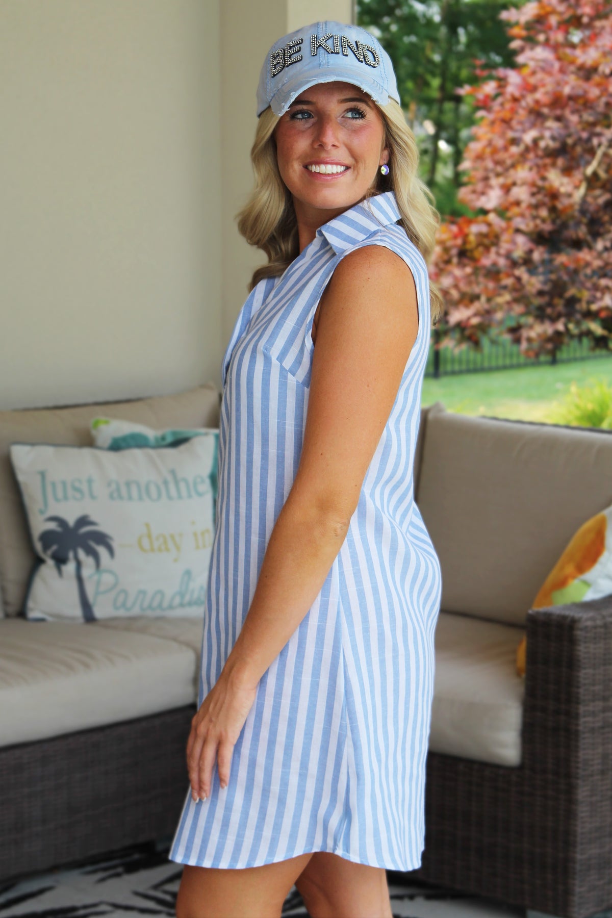 Sleeveless V-Neck Quarter Button Striped Shirtdress