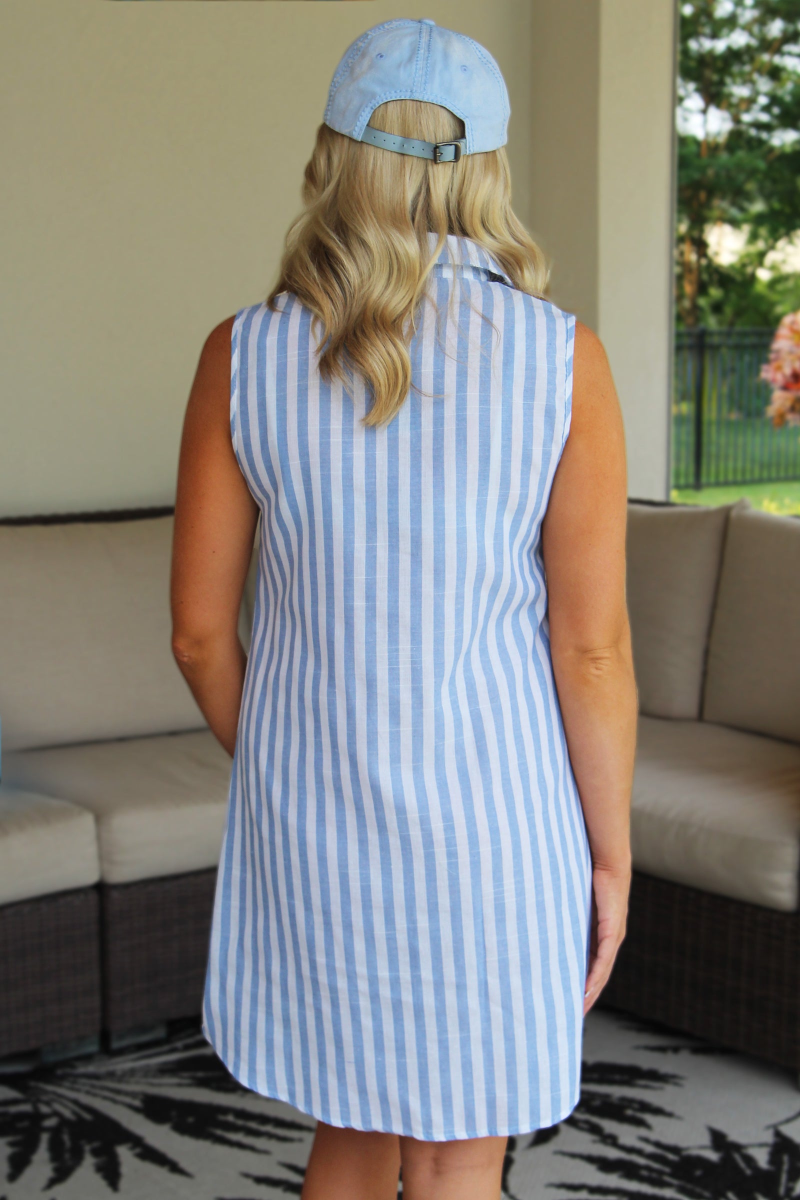 Sleeveless V-Neck Quarter Button Striped Shirtdress