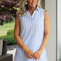 Sleeveless V-Neck Quarter Button Striped Shirtdress