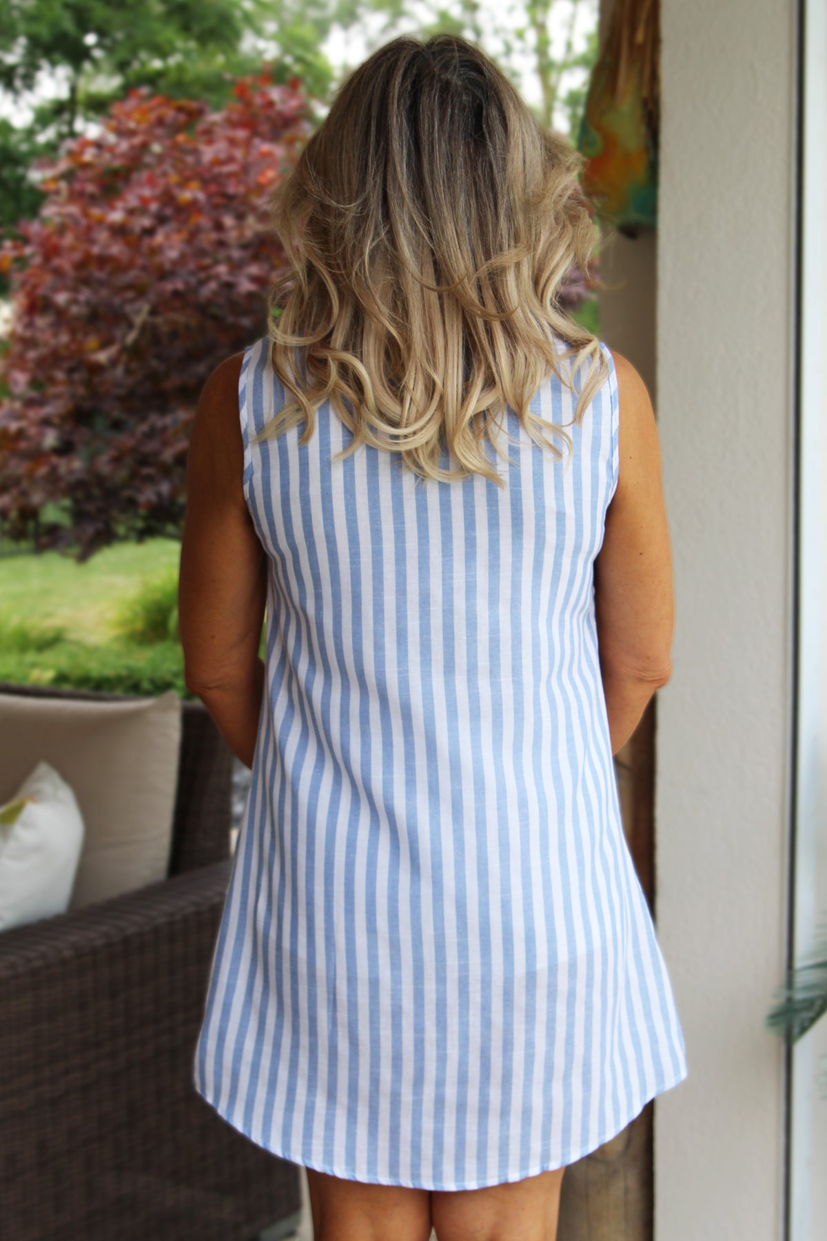 Sleeveless V-Neck Quarter Button Striped Shirtdress