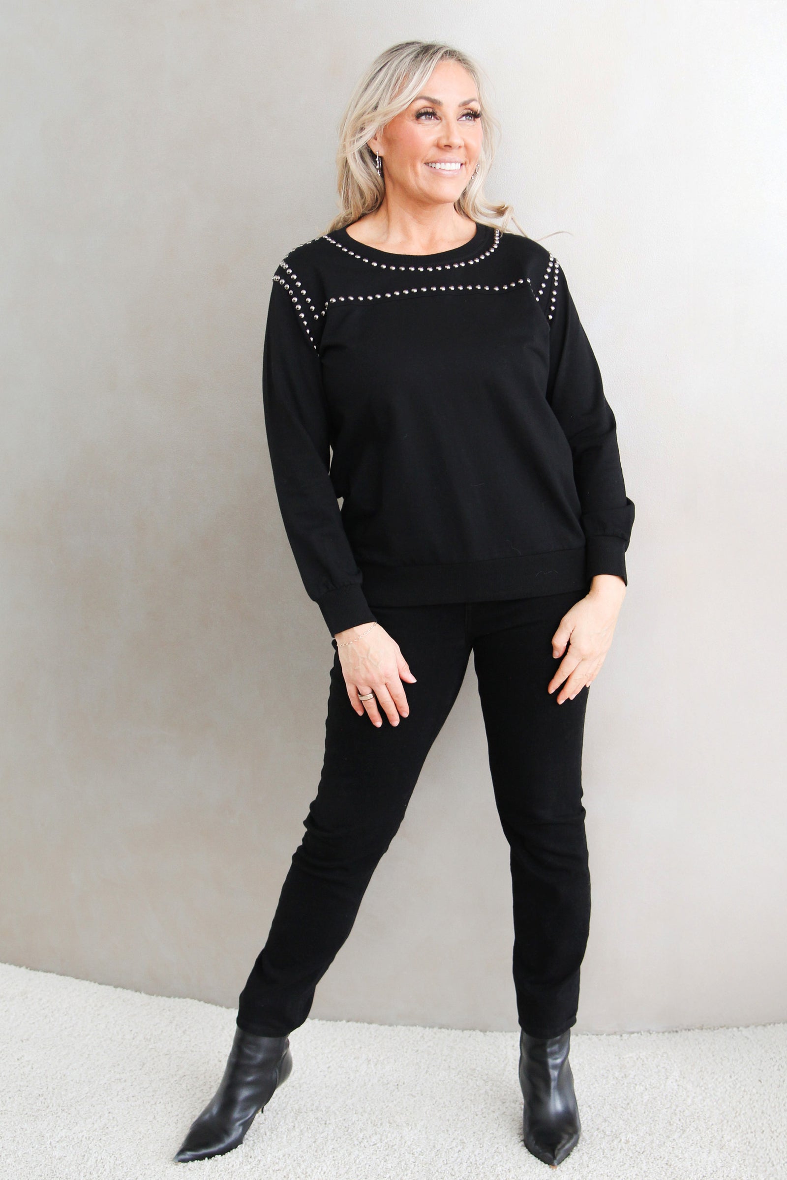 Long Sleeve French Terry Top w/ Stud Accents