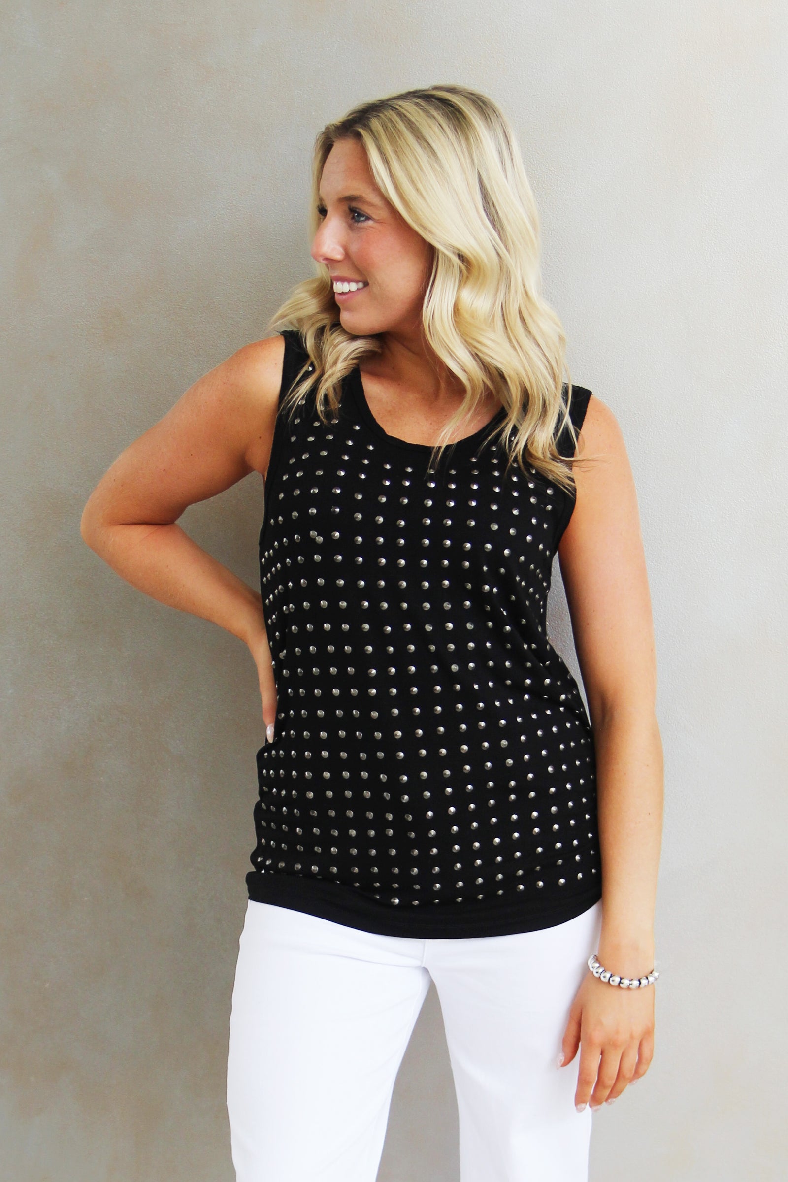 Studded Round Neck Sleeveless Top