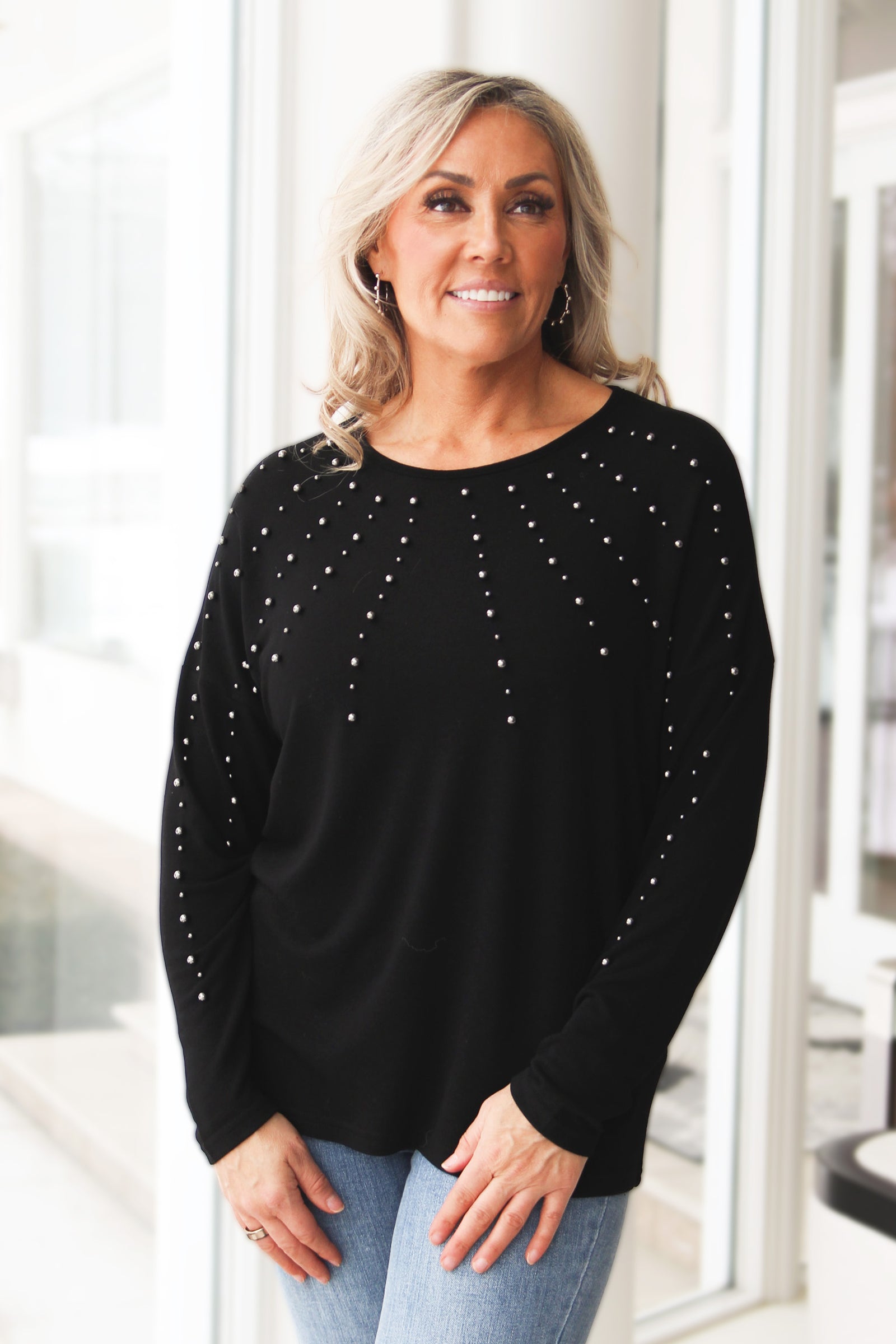 Round Neck Long Sleeve Top w/ Studded Accent