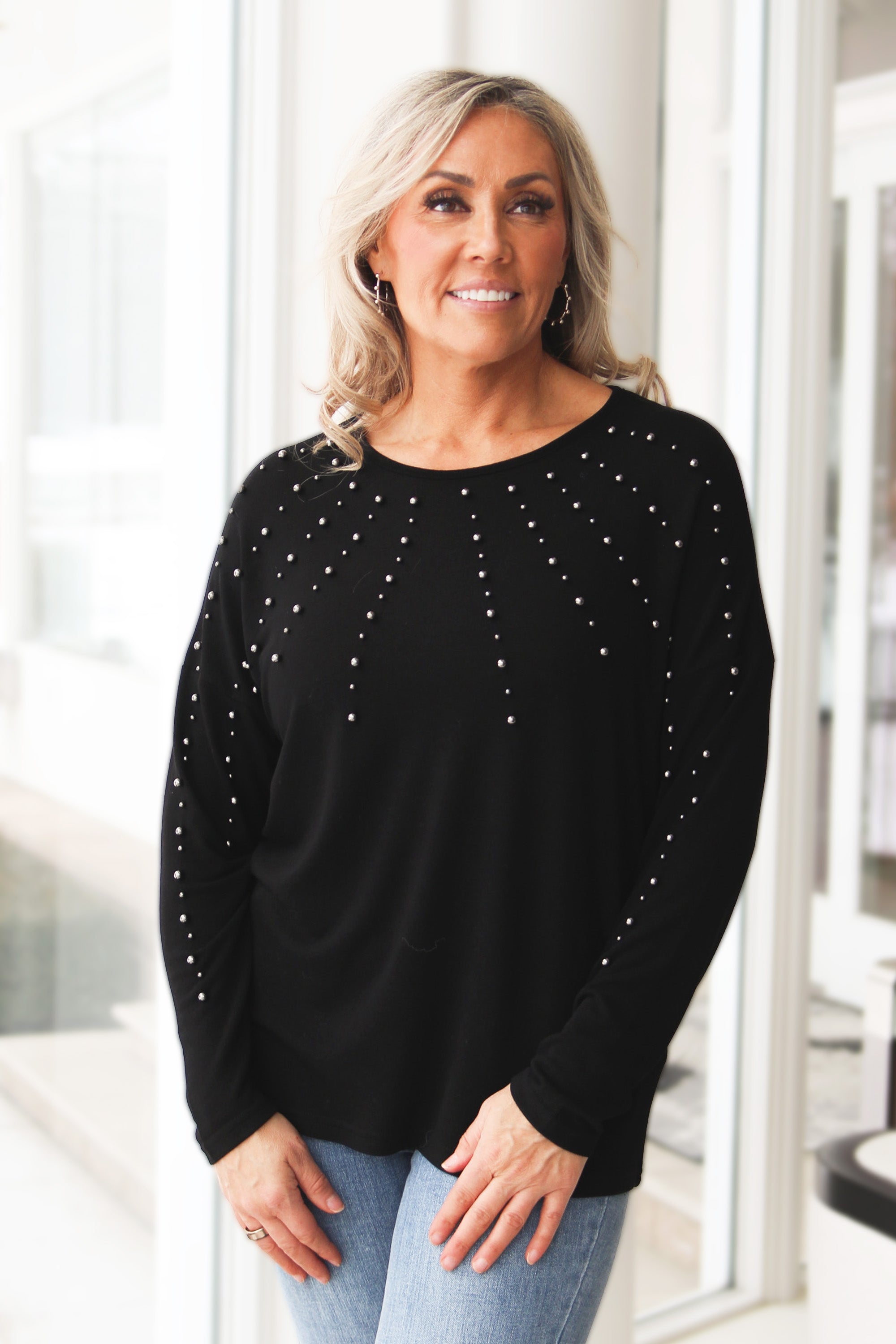 Round Neck Long Sleeve Top w/ Studded Accent