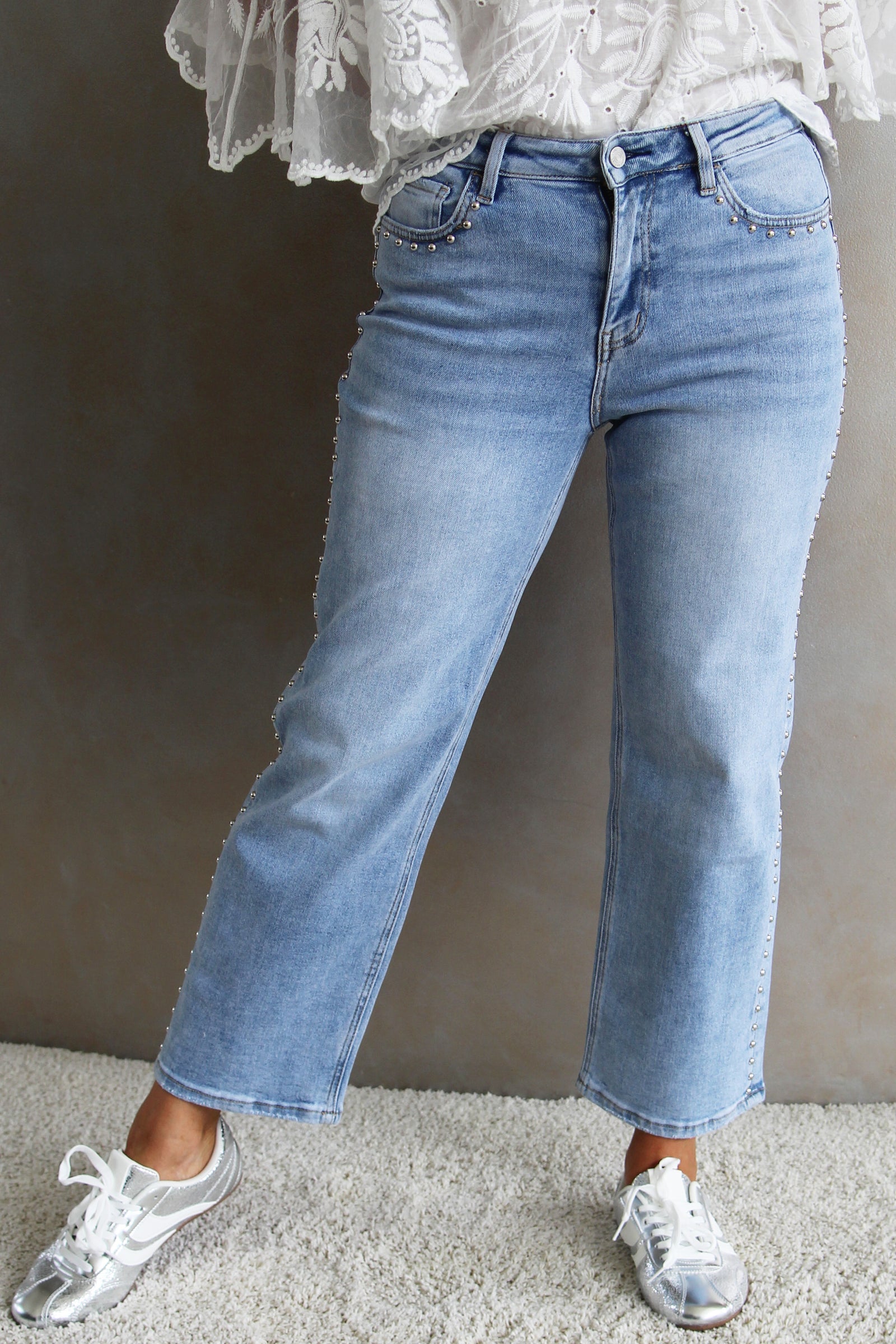 High Rise Slim Wide Leg Jeans w/ Side Studs