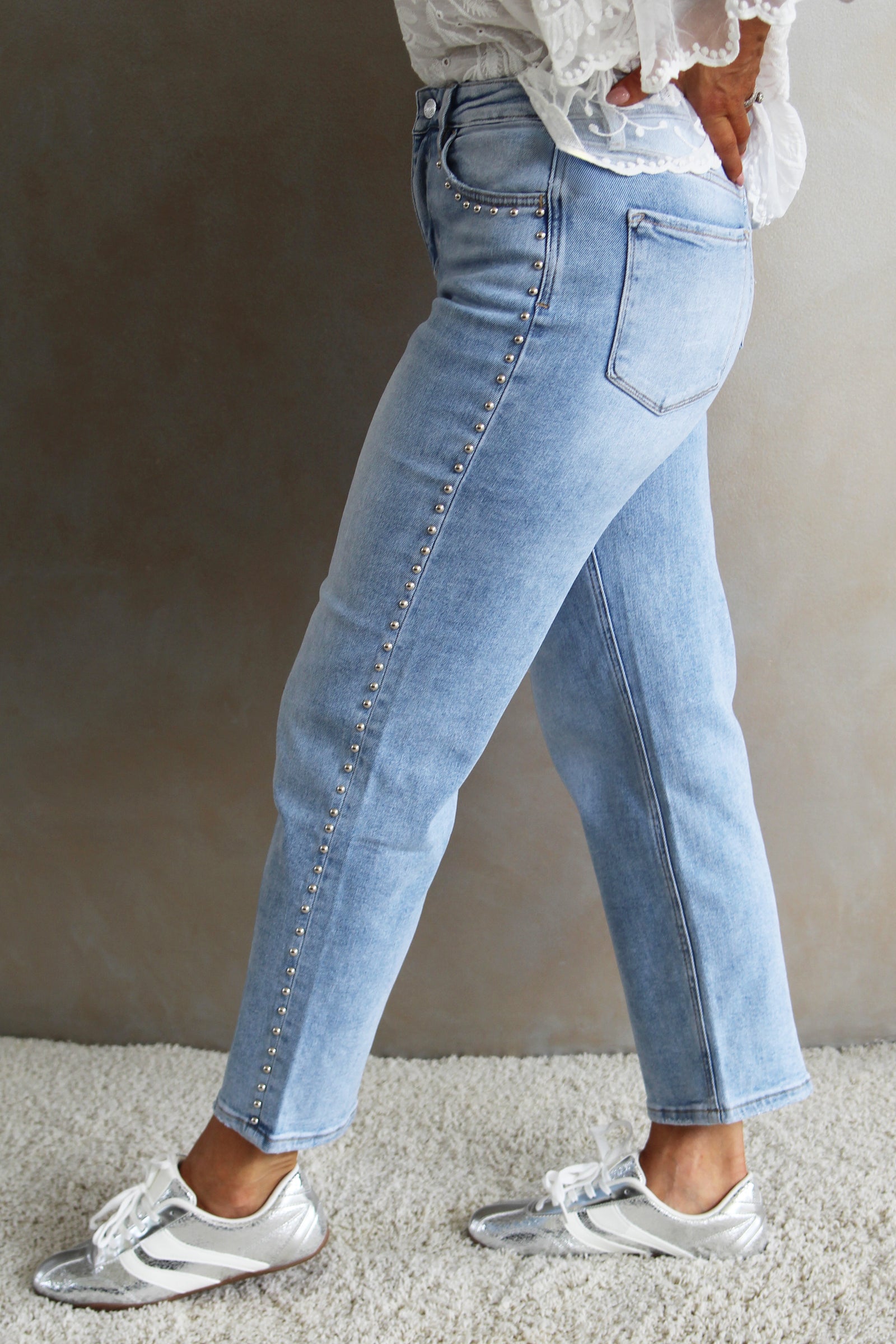 High Rise Slim Wide Leg Jeans w/ Side Studs