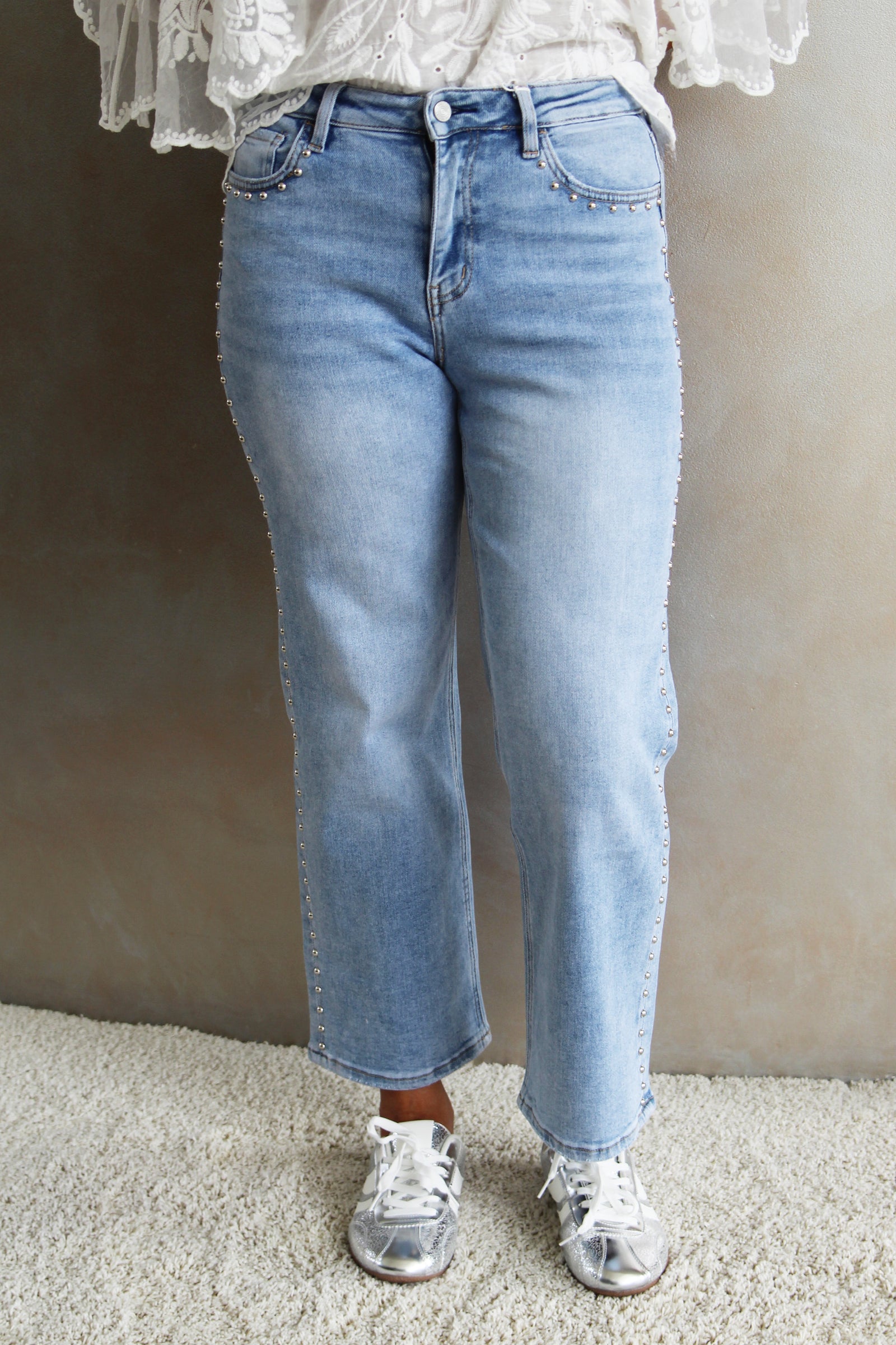 High Rise Slim Wide Leg Jeans w/ Side Studs