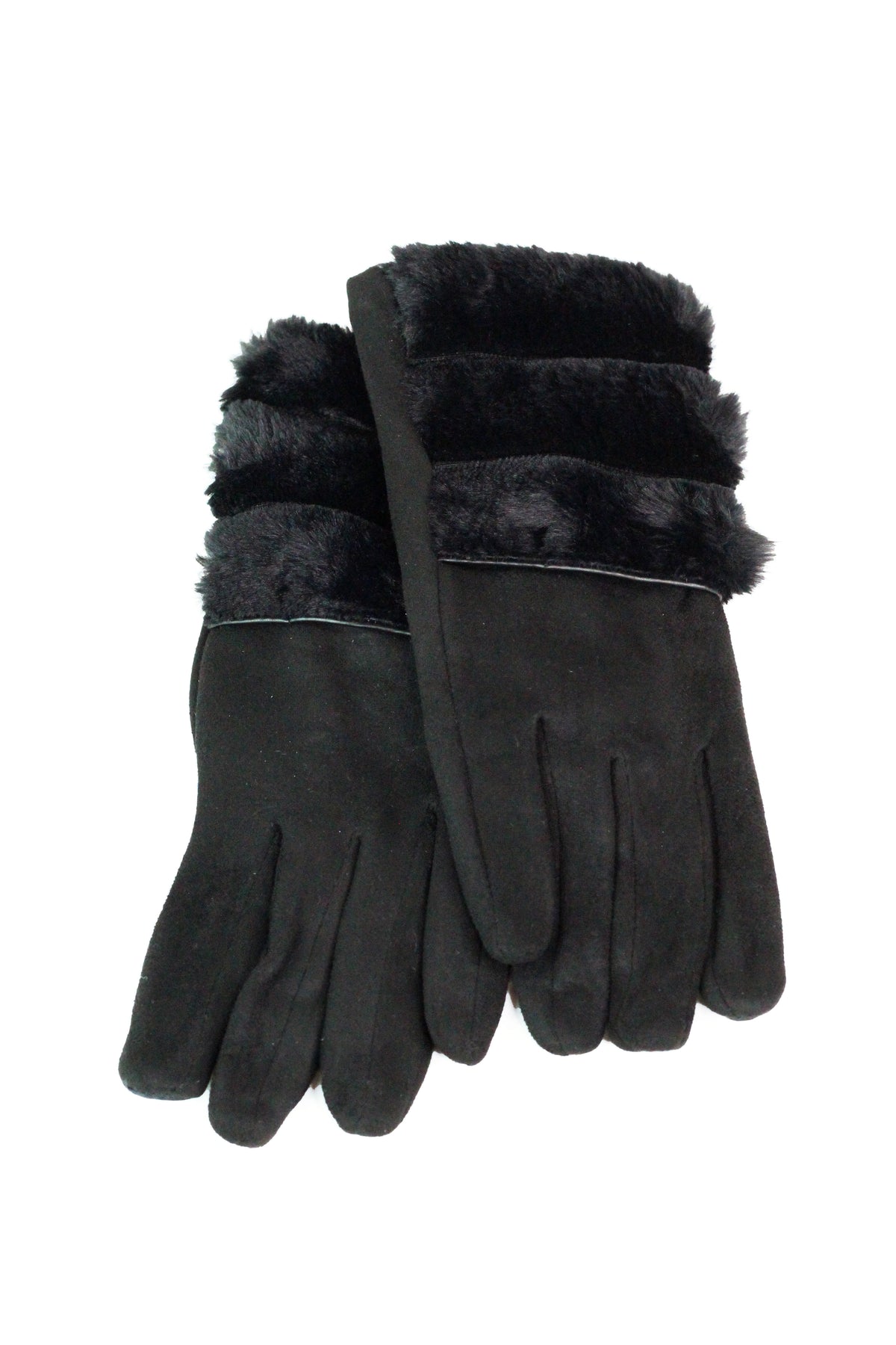 Faux Suede Gloves w/ Triple Fur Trim