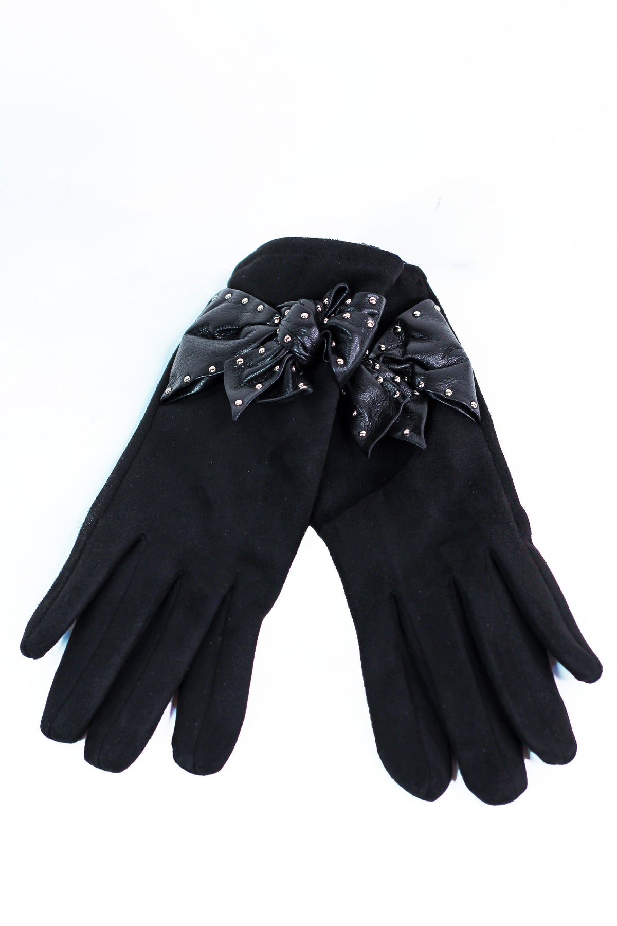 Faux Suede Gloves w/ Studded Bow Detail