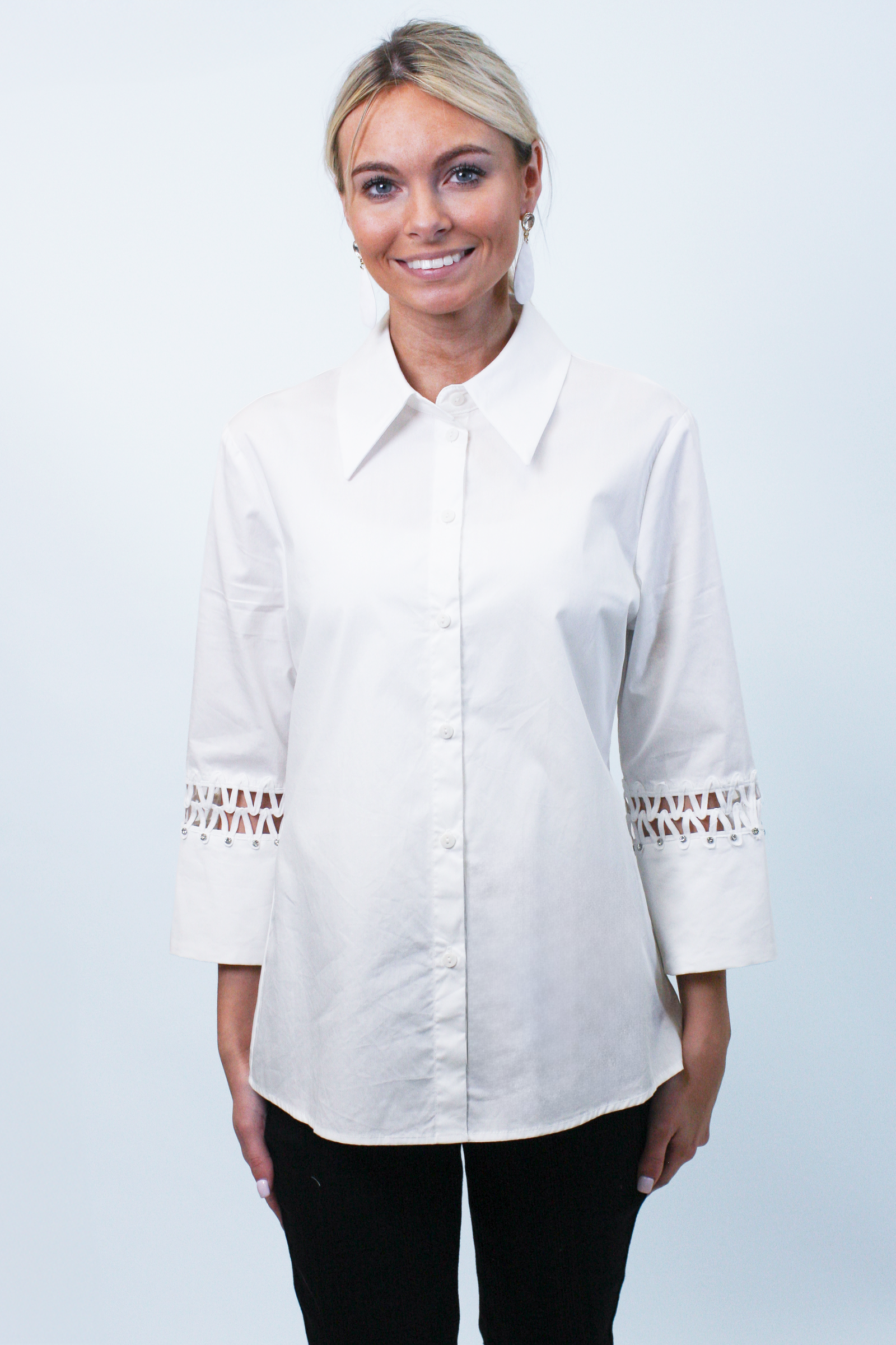 Button Down Shirt w/ 3/4 ZigZag Rhinestone Embellished Sleeves (SALE)