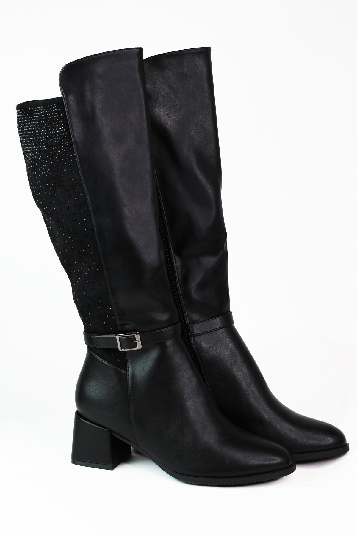 Faux Leather & Rhinestone Tall Chunk Heel Boot