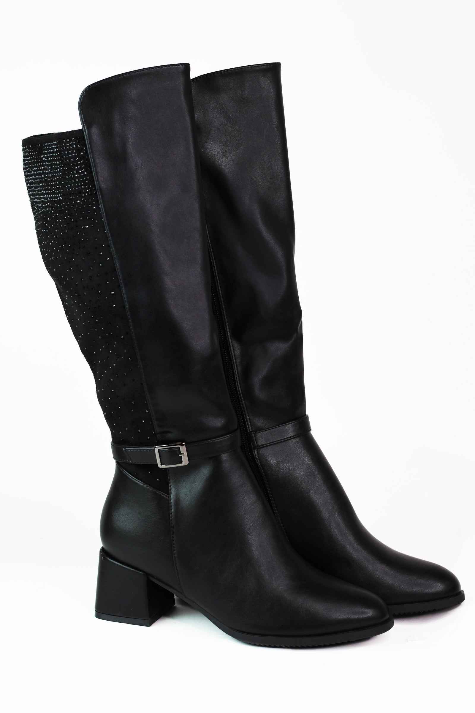 Faux Leather & Rhinestone Tall Chunk Heel Boot