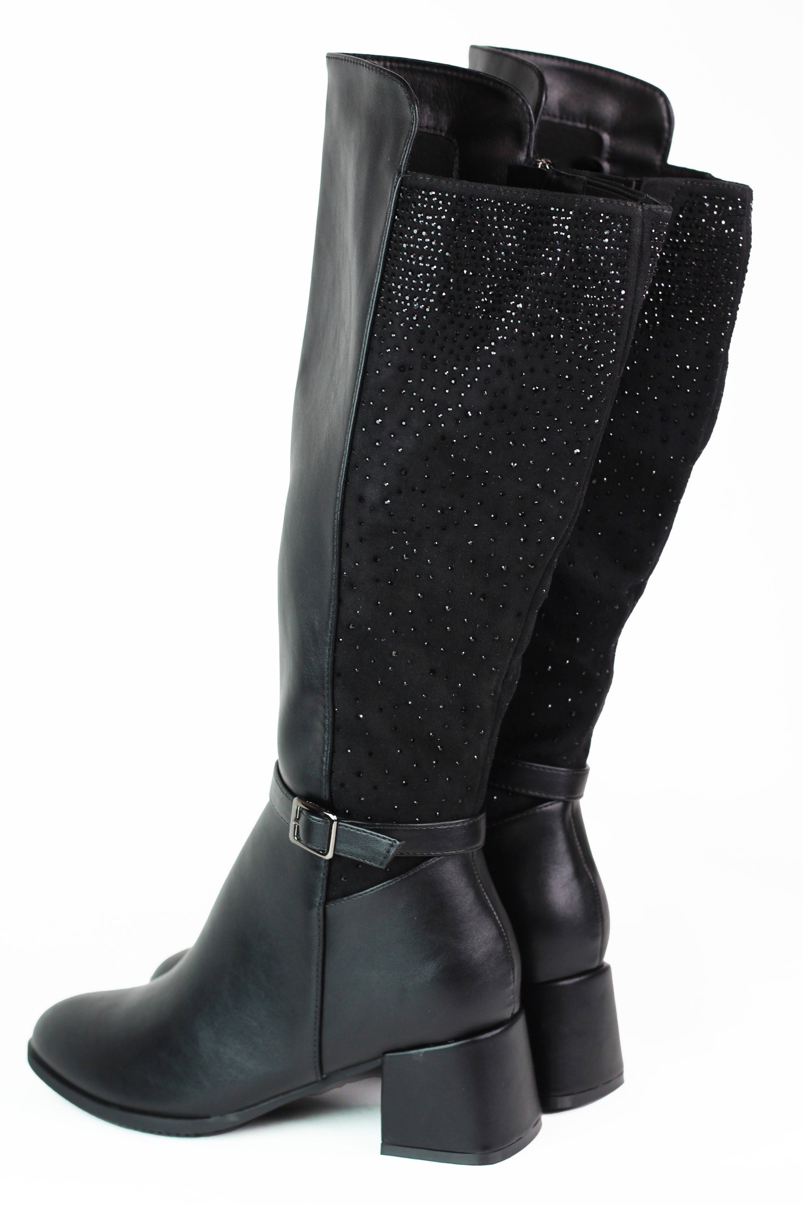 Faux Leather & Rhinestone Tall Chunk Heel Boot