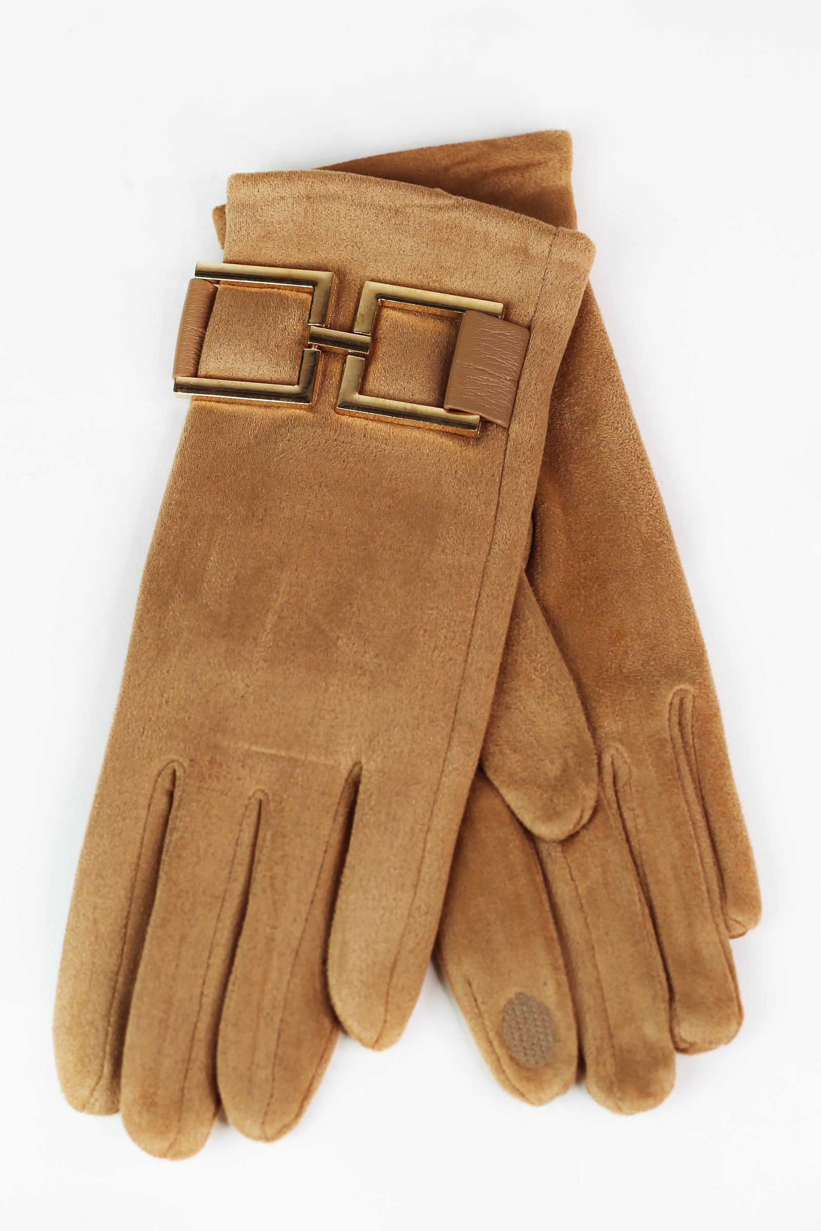 Faux Suede Gloves w/ Square Buckle Trim