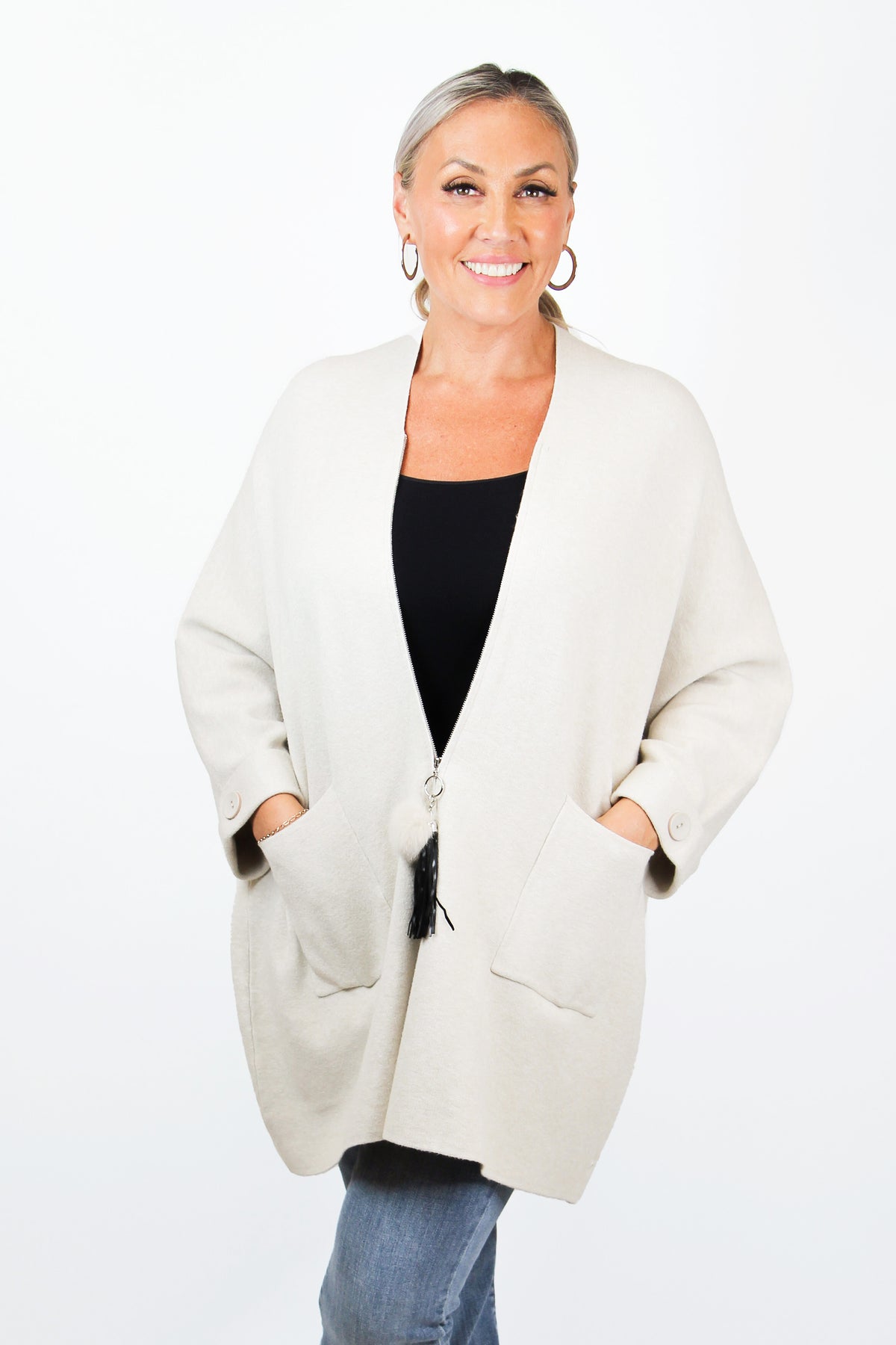 Tassel Charm Zipper Front Italian Cardigan