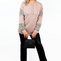 Half Button Leopard Accent Arm Design Top