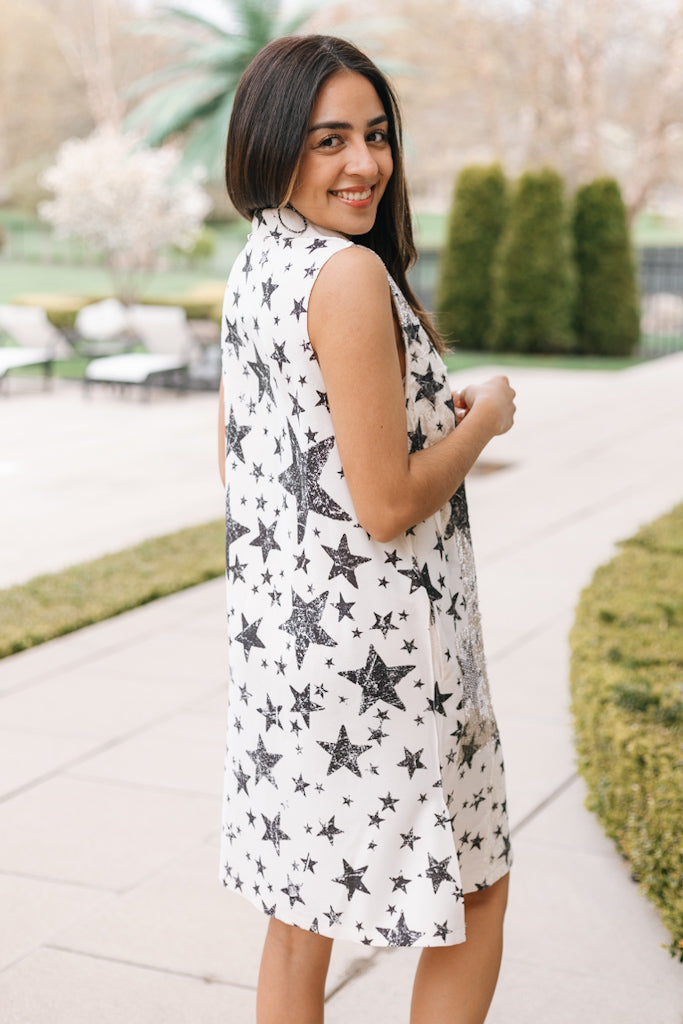 Lace & Sequin Button-Up Sleeveless Dress With Collar (SALE)