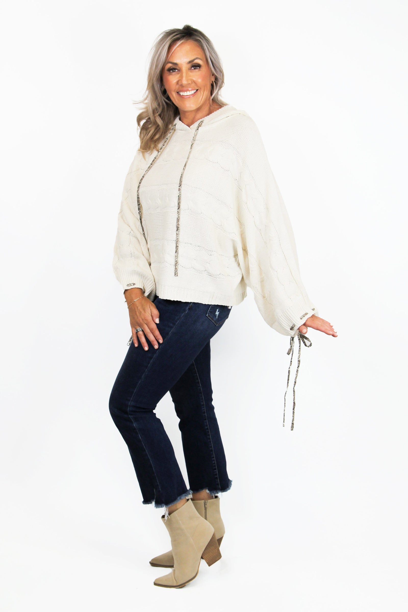 Twist & Weave Oversized Balloon Sleeve Hoodie Sweater w/ Detailed ribbon accent