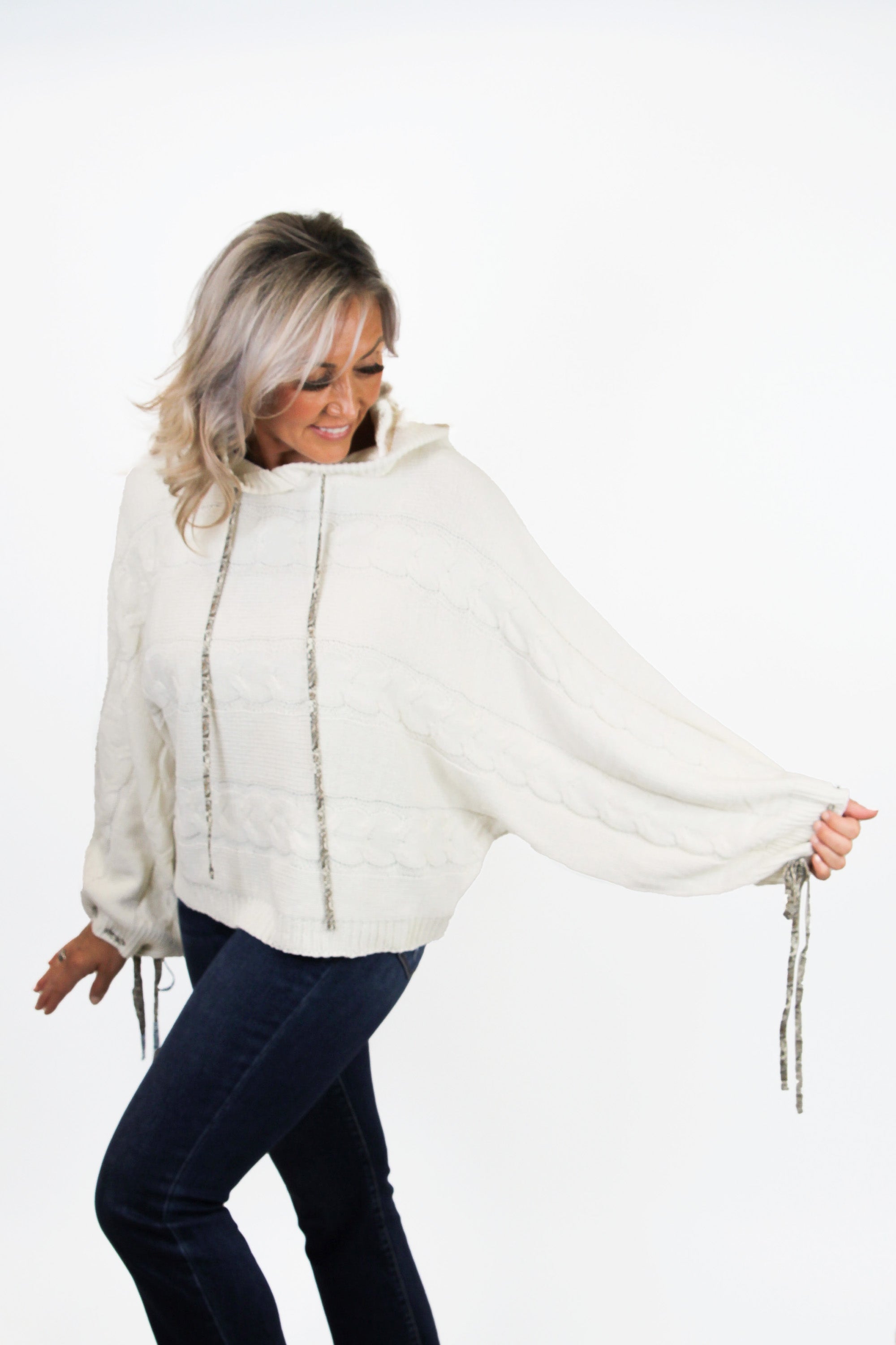 Twist & Weave Oversized Balloon Sleeve Hoodie Sweater w/ Detailed ribbon accent