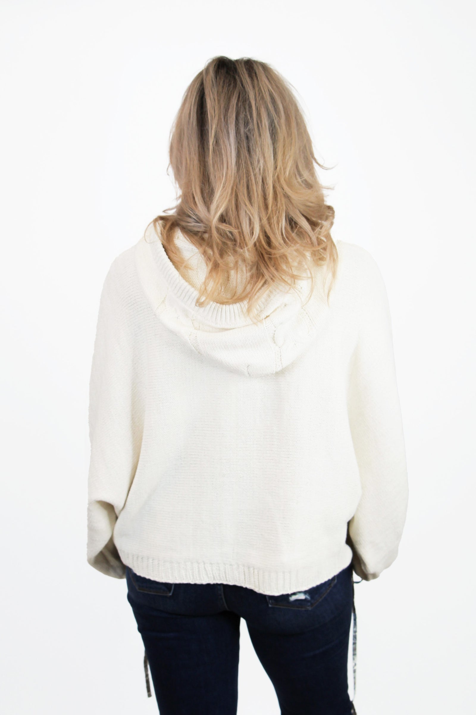 Twist & Weave Oversized Balloon Sleeve Hoodie Sweater w/ Detailed ribbon accent