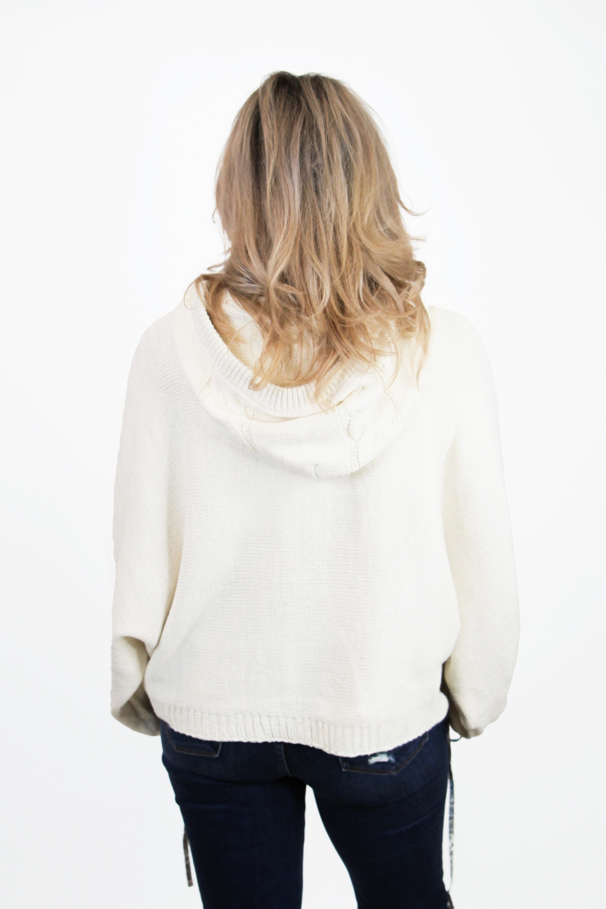 Twist & Weave Oversized Balloon Sleeve Hoodie Sweater w/ Detailed ribbon accent