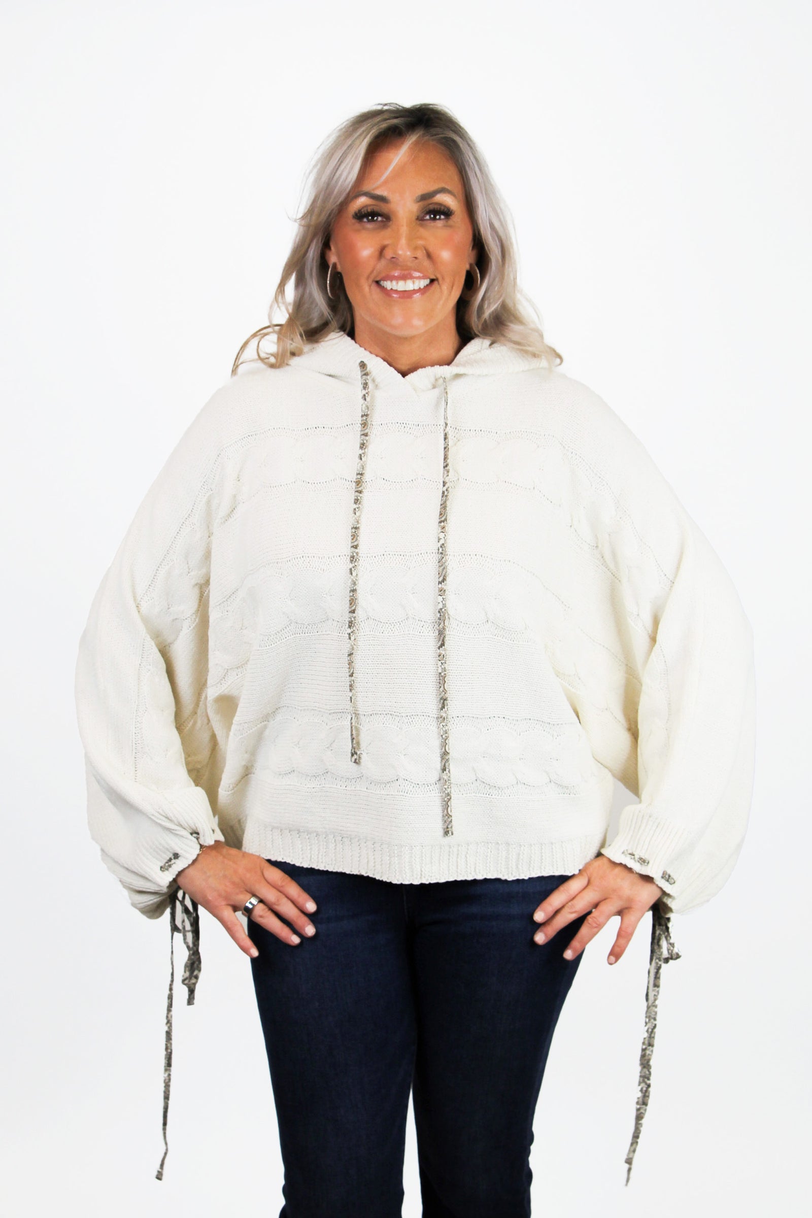 Twist & Weave Oversized Balloon Sleeve Hoodie Sweater w/ Detailed ribbon accent