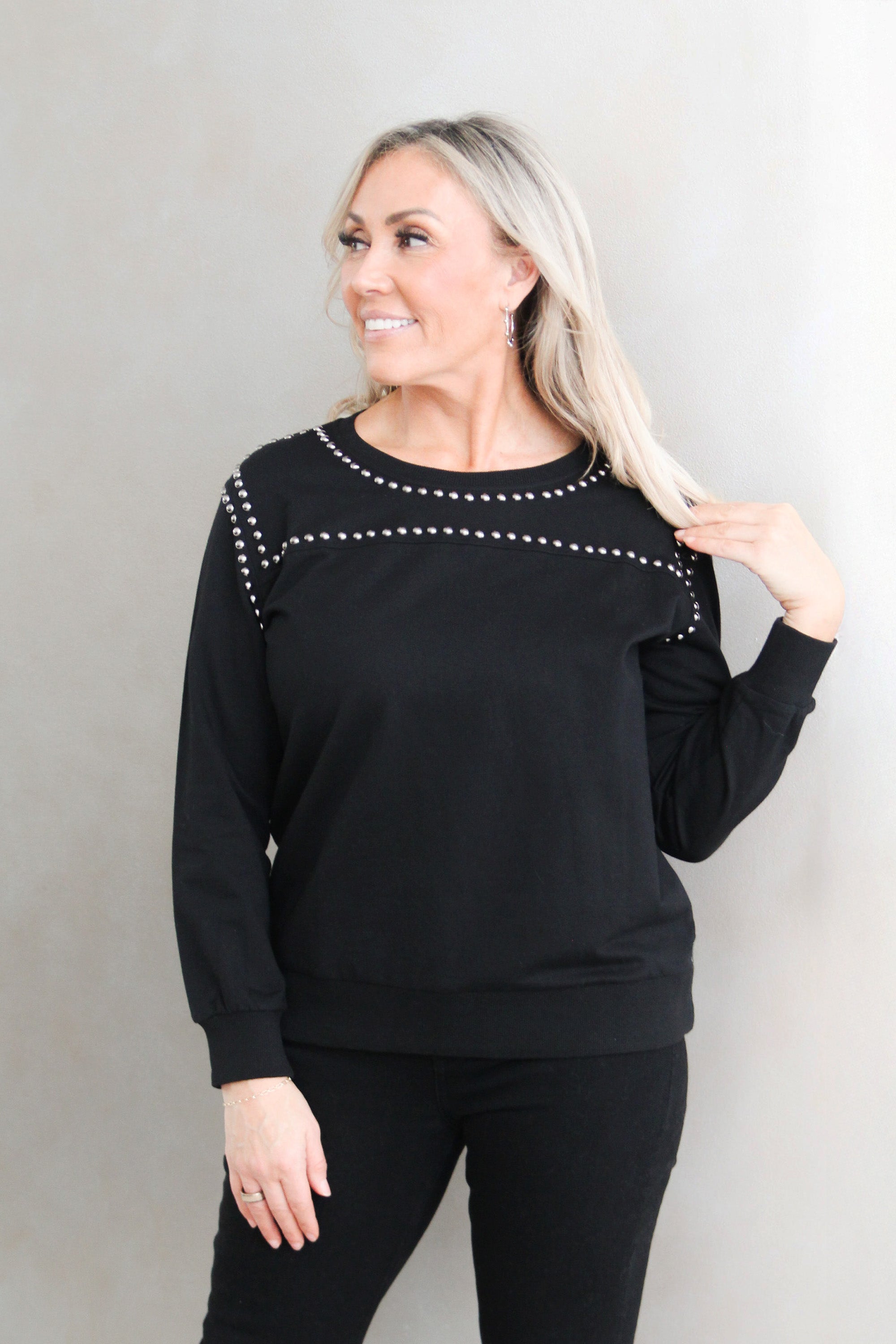 Long Sleeve French Terry Top w/ Stud Accents