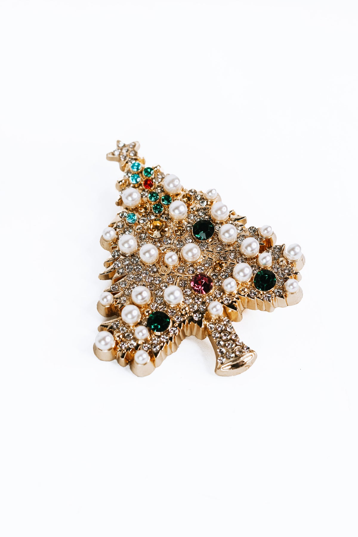 Multicolor Rhinestone &amp; Pearl Christmas Tree Brooch