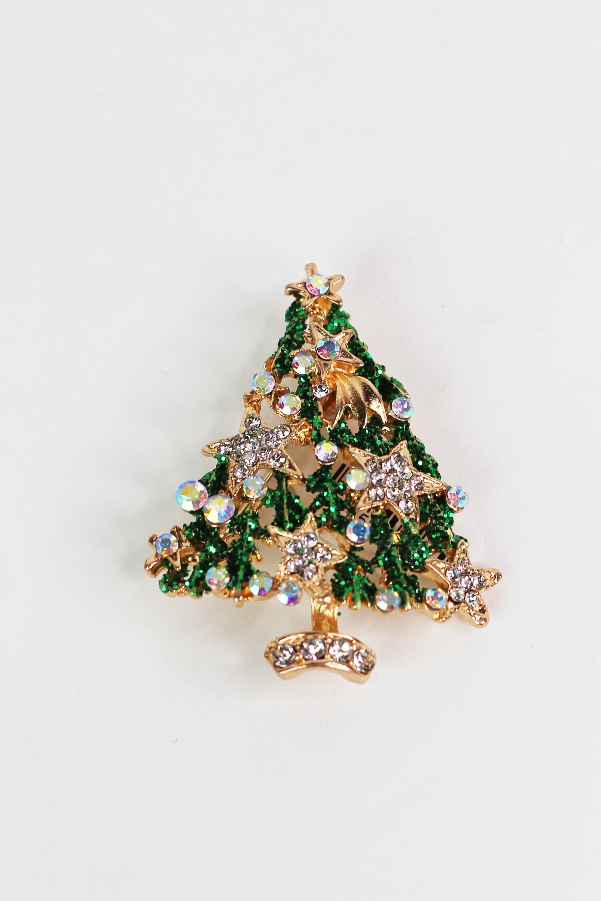 Glitter Christmas Tree Brooch w/ Rhinestone Star Accents