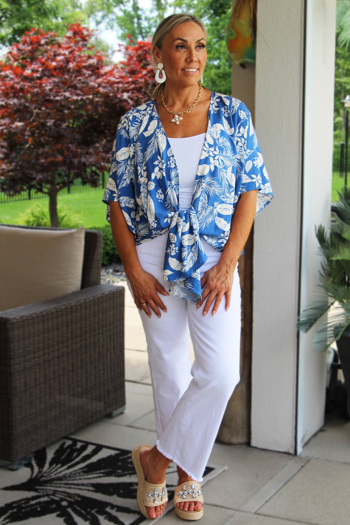 Tropical Leaf Print Tie Front Kimono Cardigan