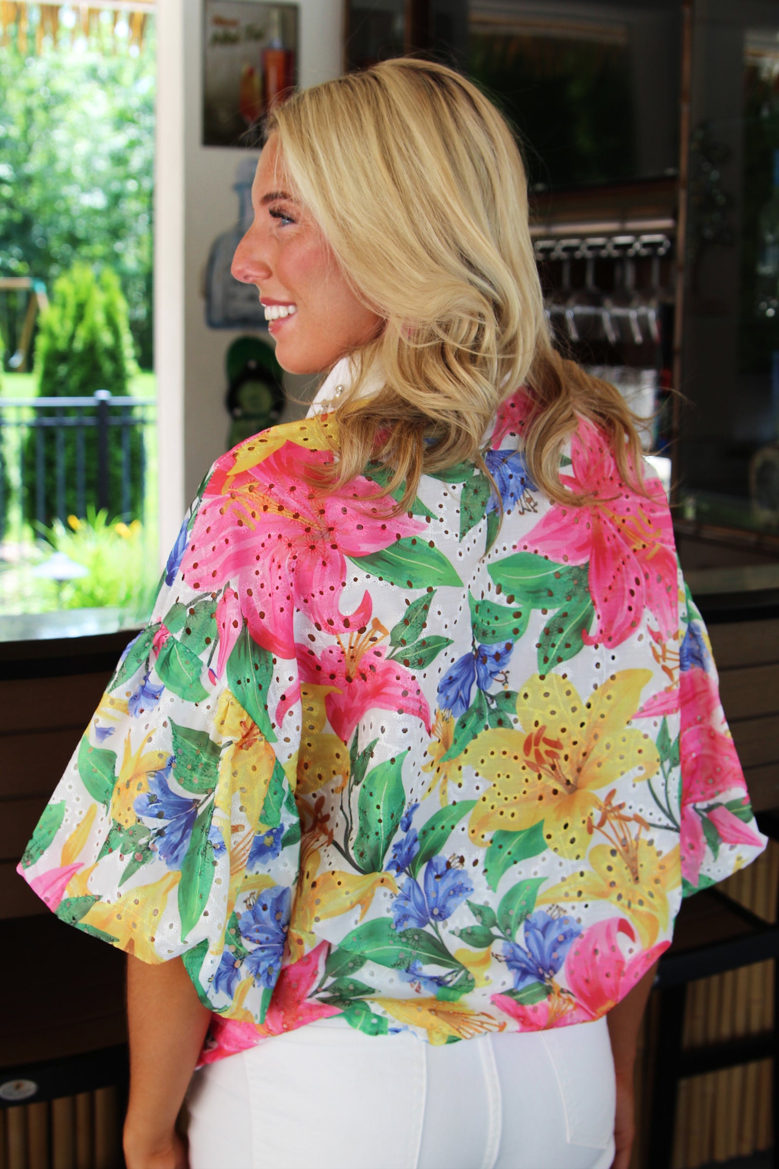 Floral Print Button Down Eyelet Top w/ Puff Sleeves & Stone Collar