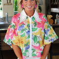 Floral Print Button Down Eyelet Top w/ Puff Sleeves & Stone Collar