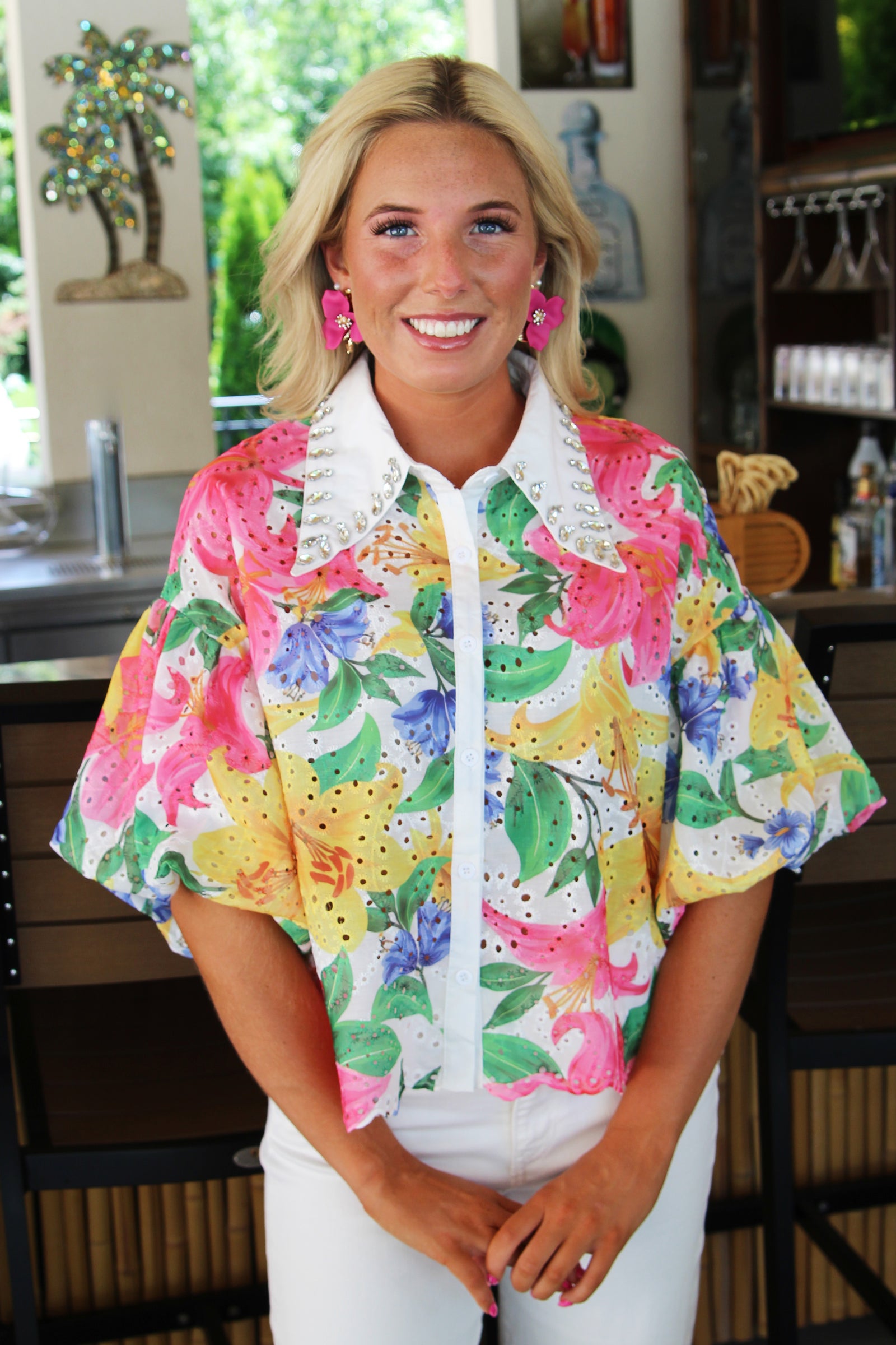 Floral Print Button Down Eyelet Top w/ Puff Sleeves & Stone Collar