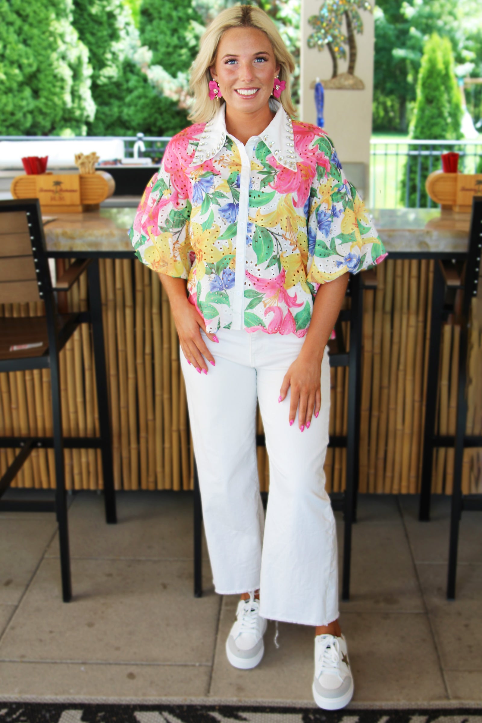 Floral Print Button Down Eyelet Top w/ Puff Sleeves & Stone Collar