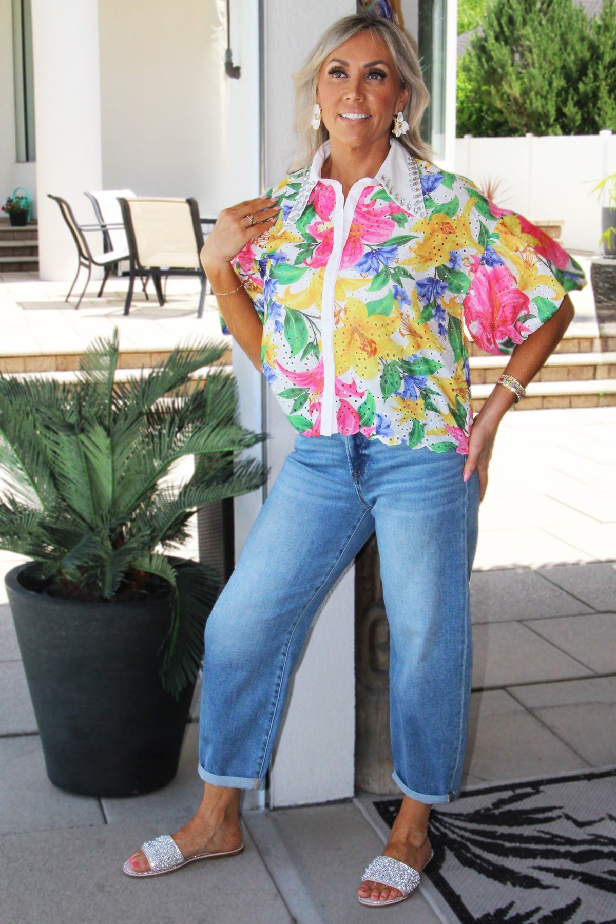 Floral Print Button Down Eyelet Top w/ Puff Sleeves & Stone Collar