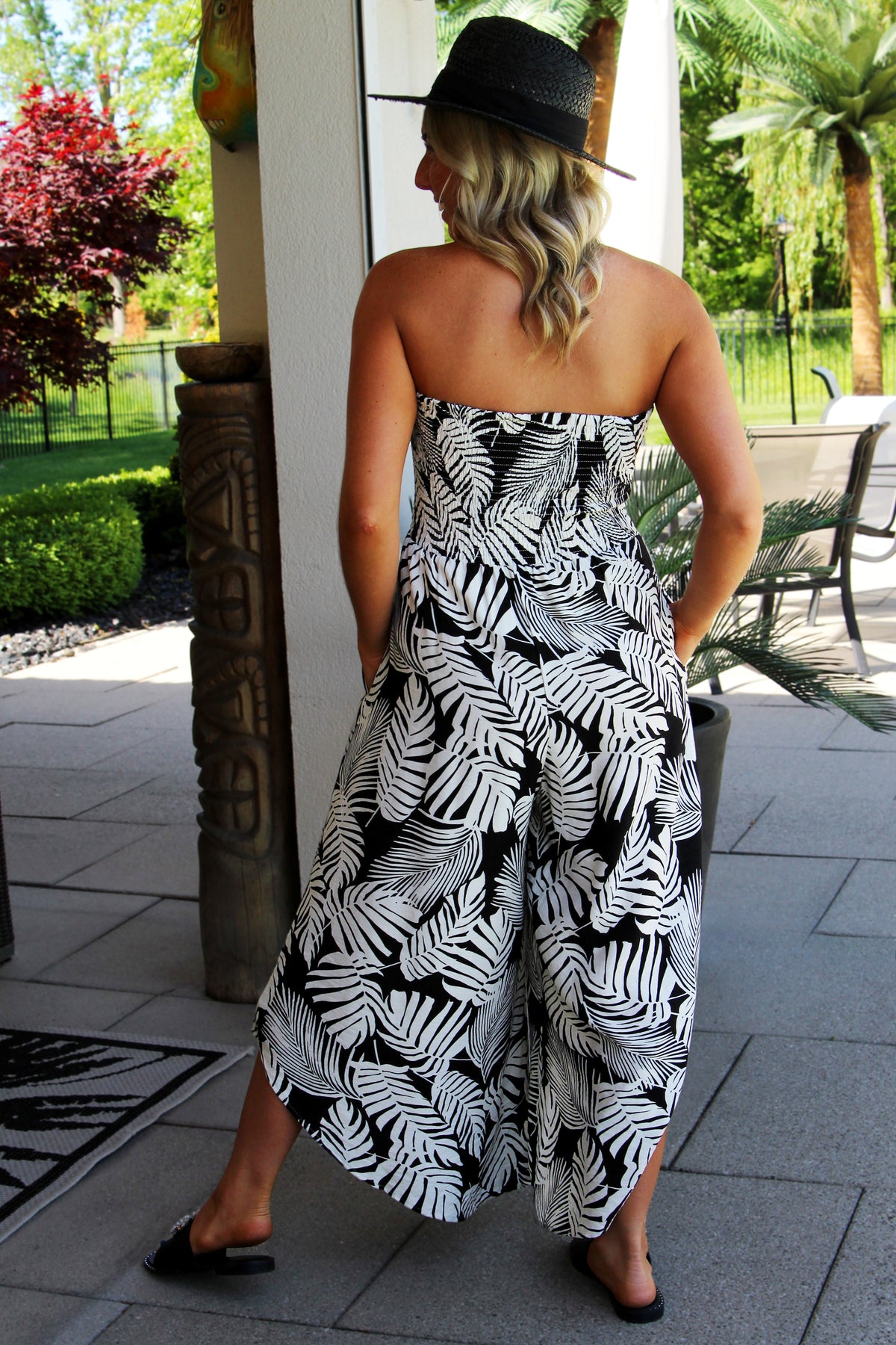 Tropical Print Strapless Jumpsuit w/ Side Pockets & Rounded Hems