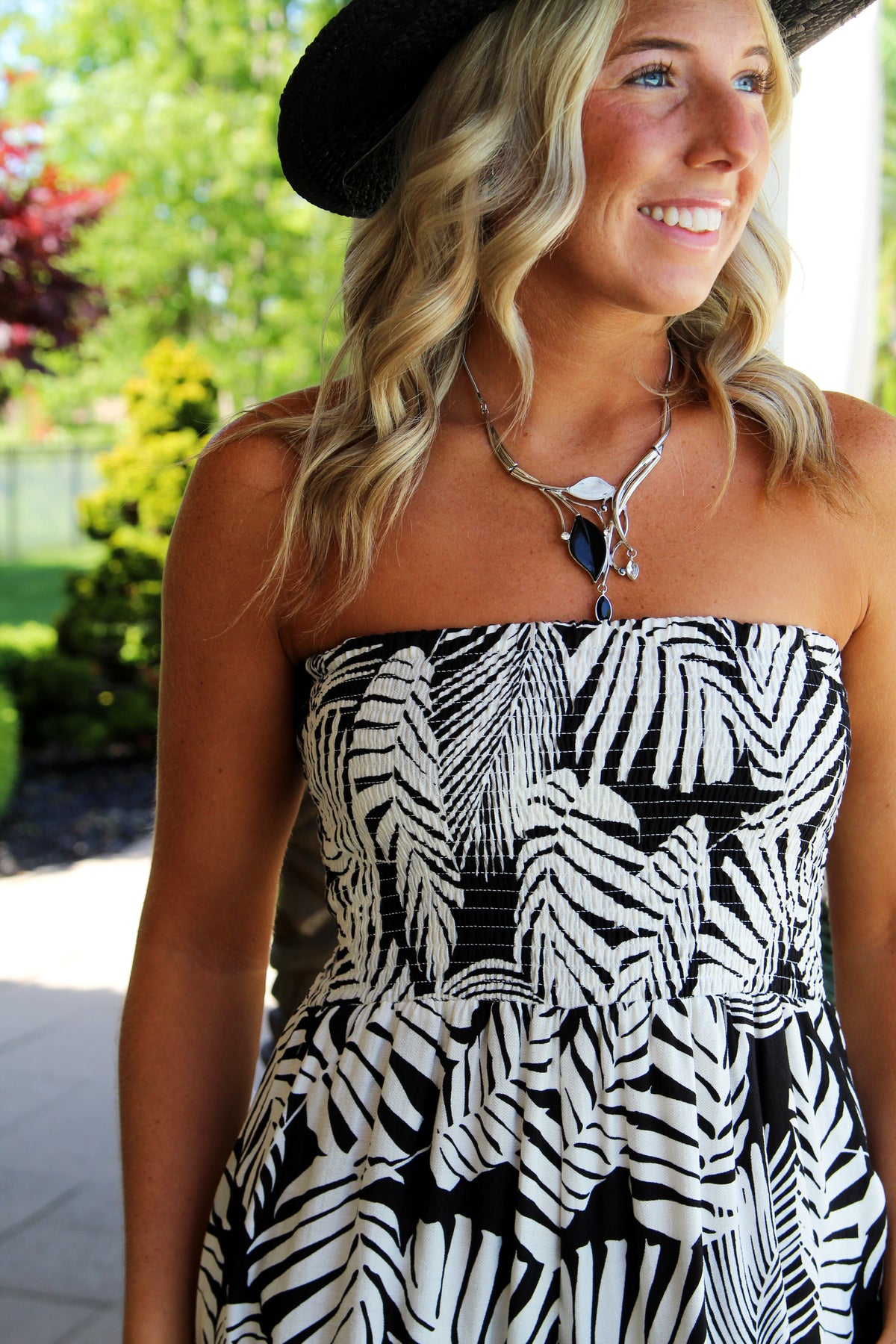 Tropical Print Strapless Jumpsuit w/ Side Pockets & Rounded Hems